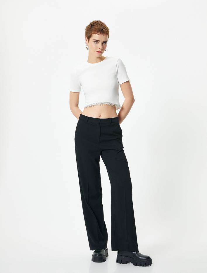  Taşlı Tişört Crop Kısa Kollu Bisiklet Yaka Ribanalı