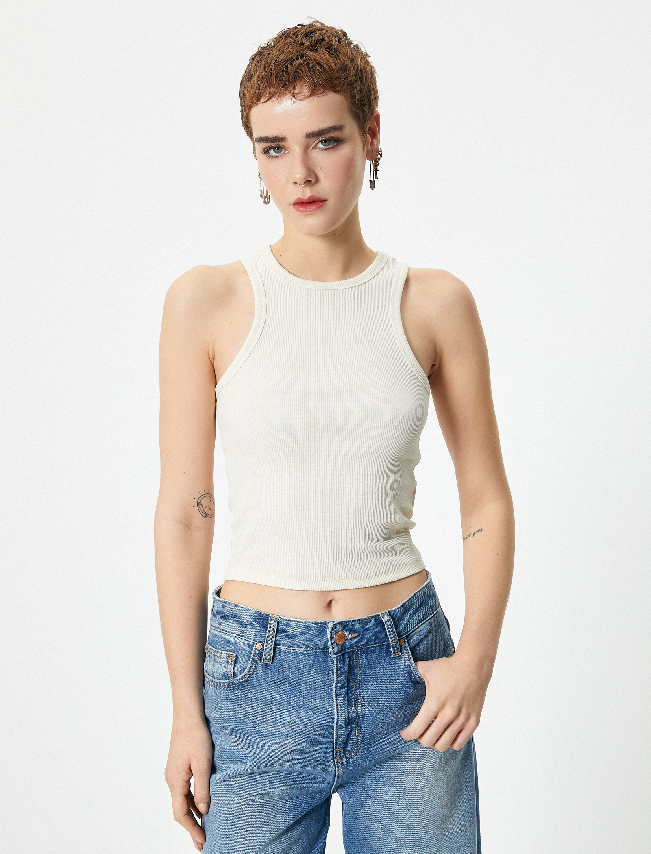   Basic Halter Yaka Atlet Ribanalı Pamuklu