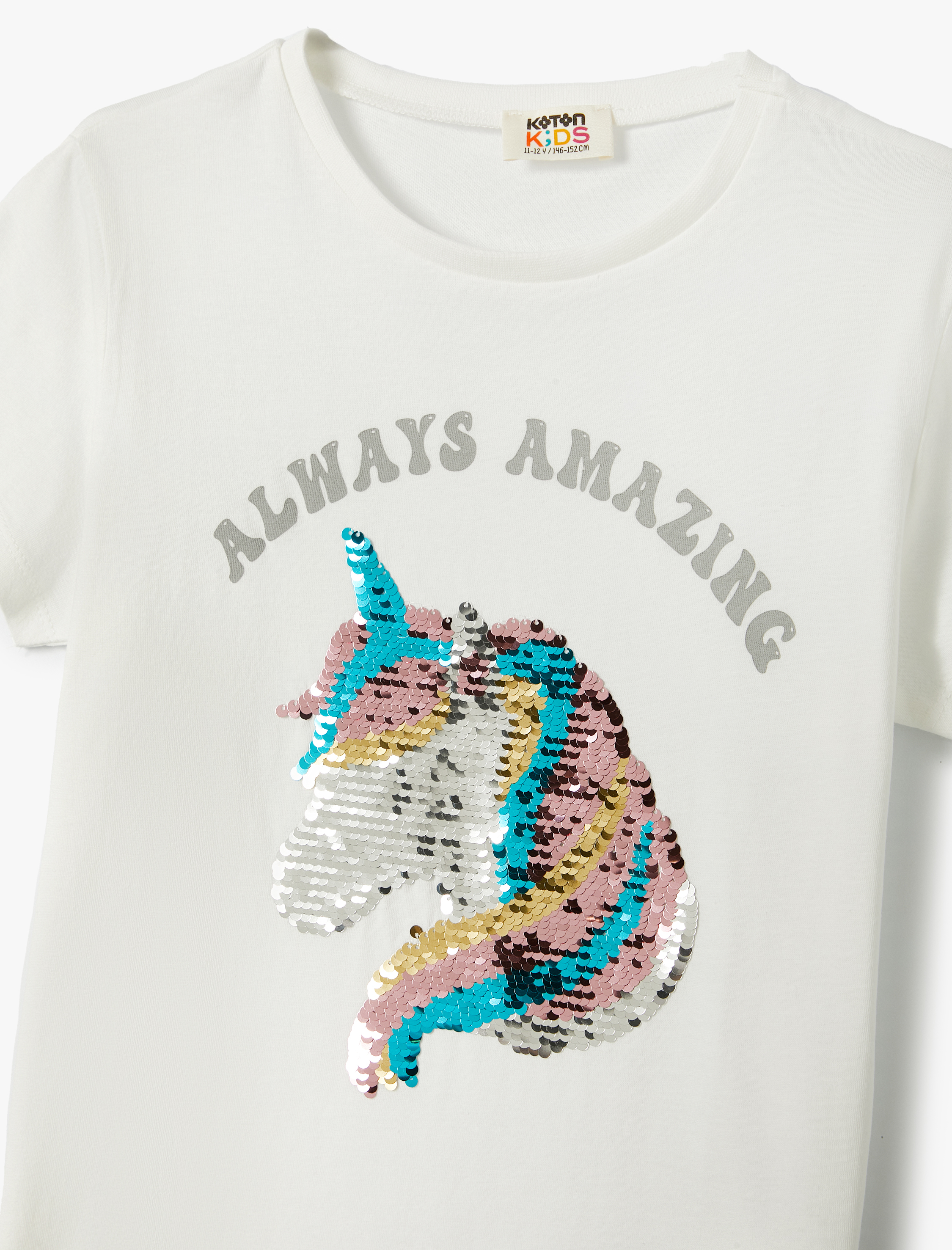  Kız Çocuk Unicorn Tişört Pullu Payetli Bisiklet Yaka Kısa Kollu Pamuklu