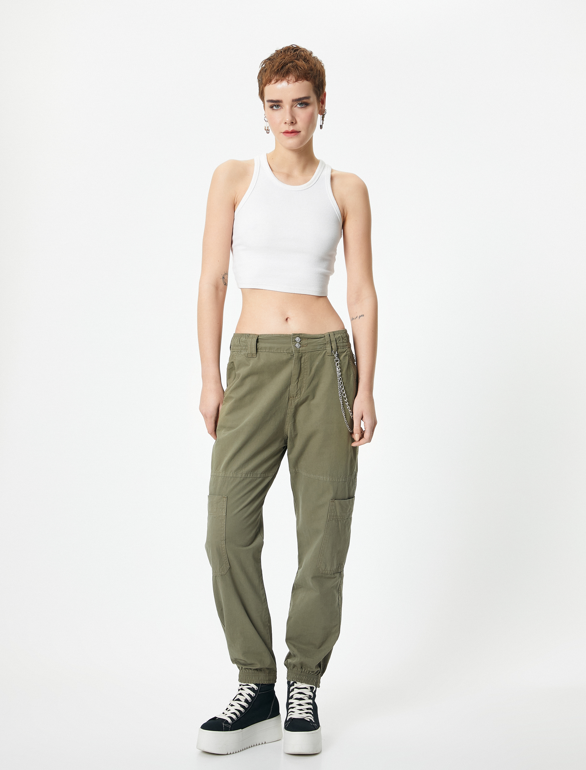   Kargo Jogger Pantolon Zincir Detaylı Yüksek Bel Pamuklu