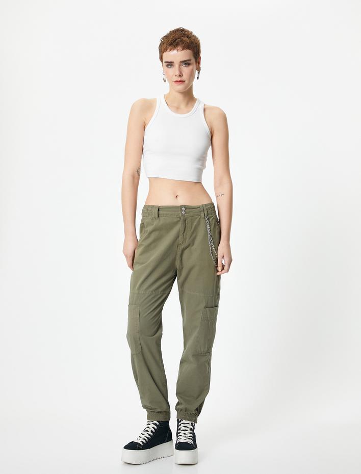  Kargo Jogger Pantolon Zincir Detaylı Yüksek Bel Pamuklu