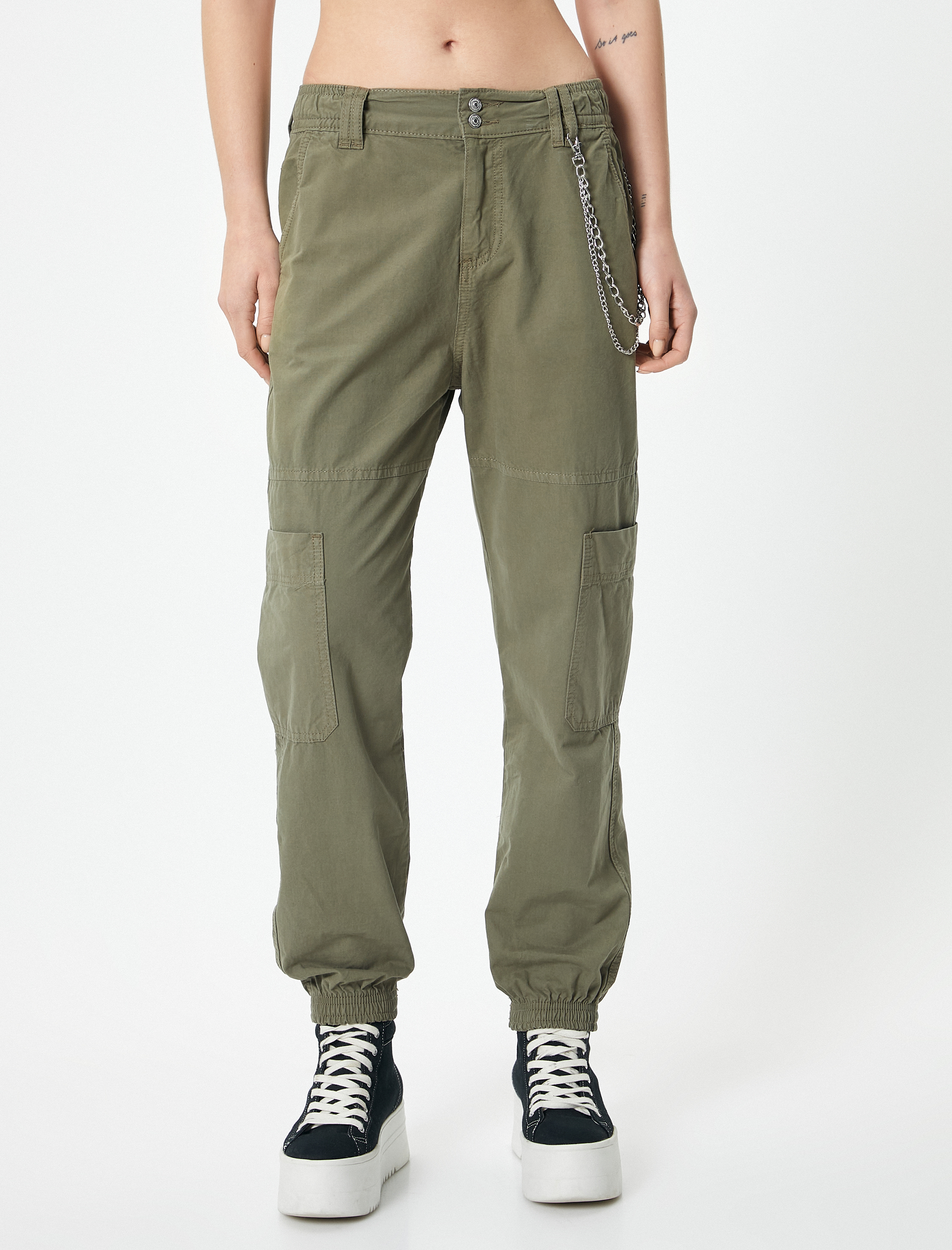   Kargo Jogger Pantolon Zincir Detaylı Yüksek Bel Pamuklu