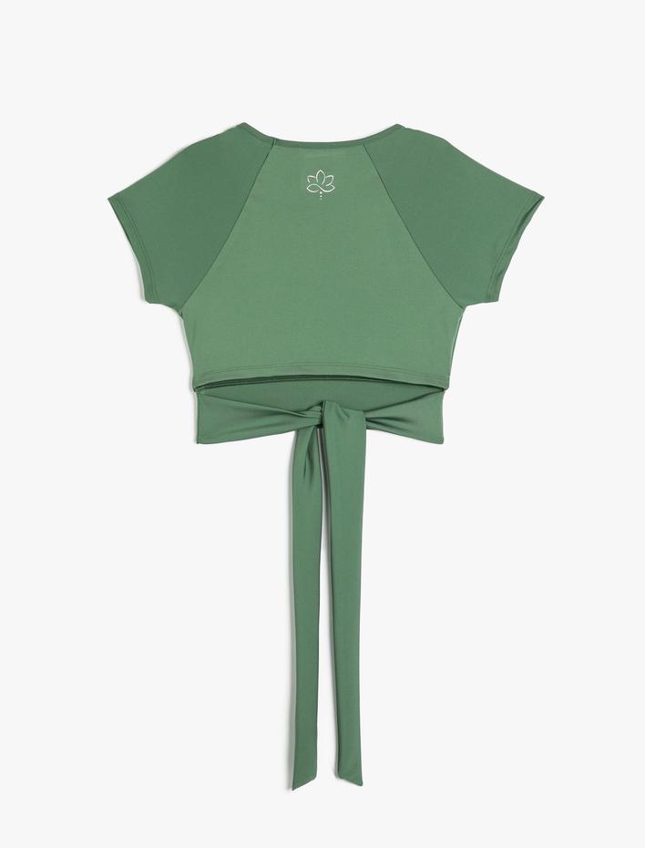  Crop Yoga Tişört Bağlama Detaylı Kısa Kollu Bisiklet Yaka