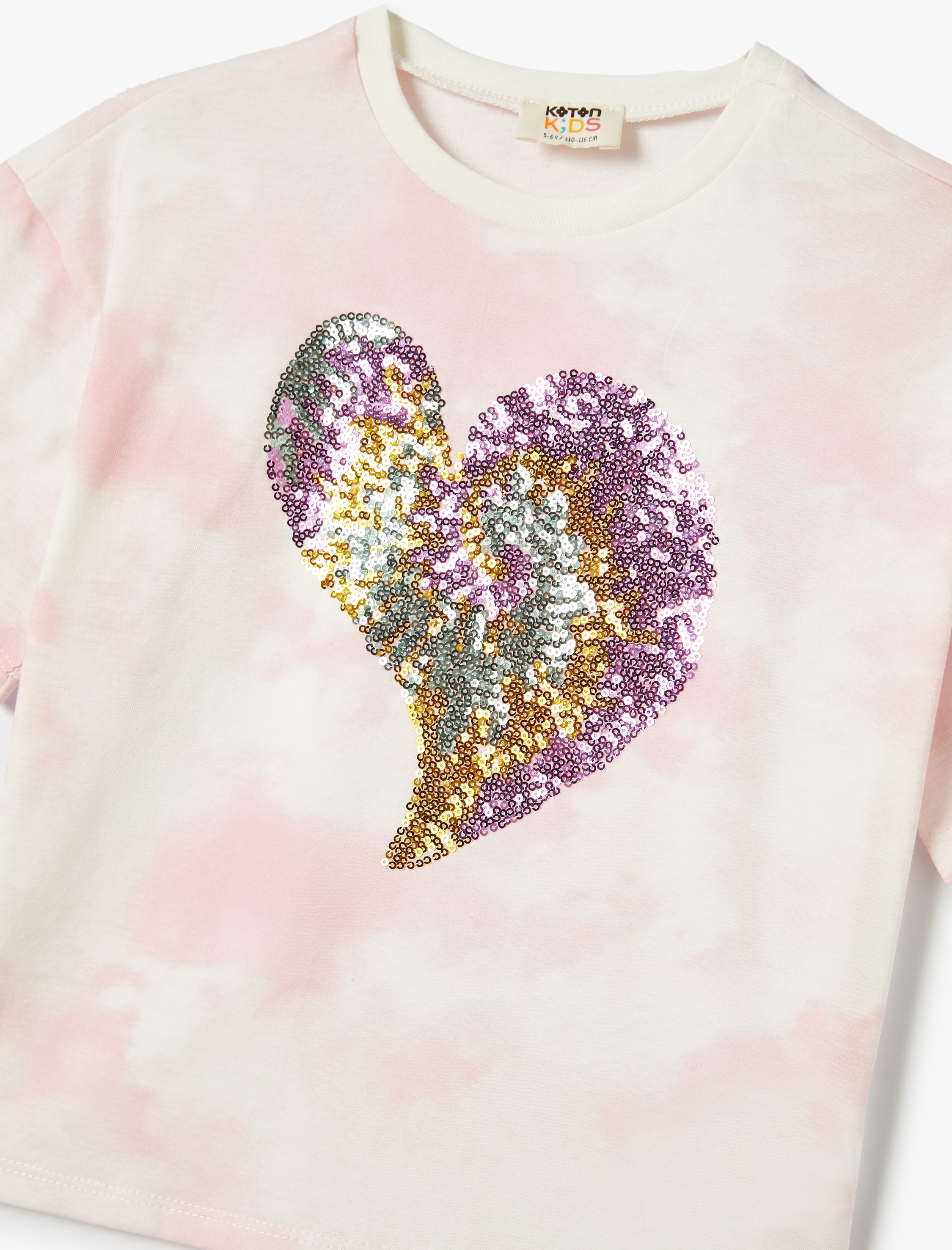  Kız Çocuk Oversize Tişört Pullu Payetli Kalpli Batik Görünümlü Bisiklet Yaka