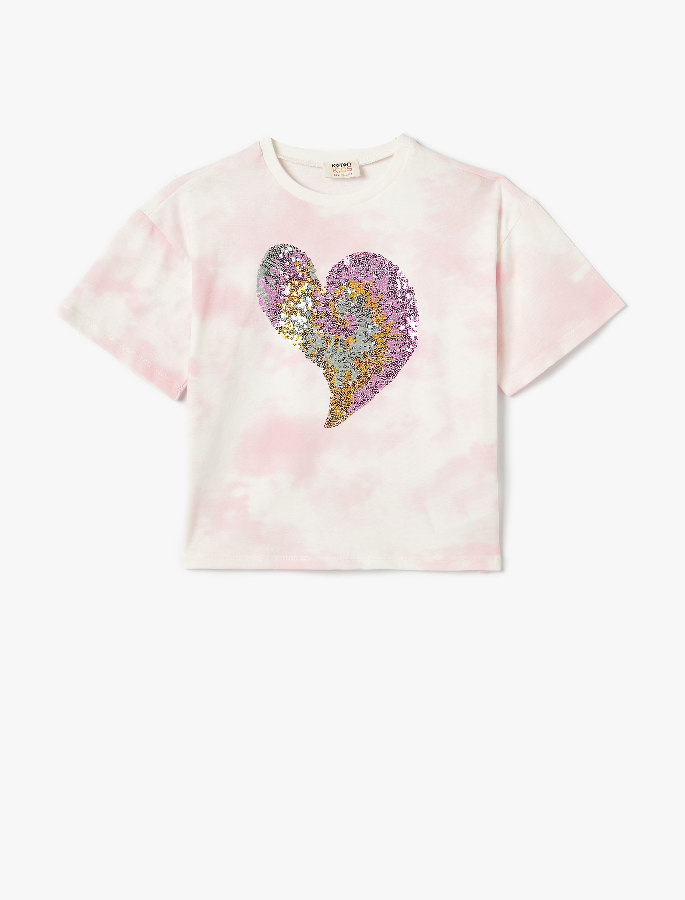  Kız Çocuk Oversize Tişört Pullu Payetli Kalpli Batik Görünümlü Bisiklet Yaka