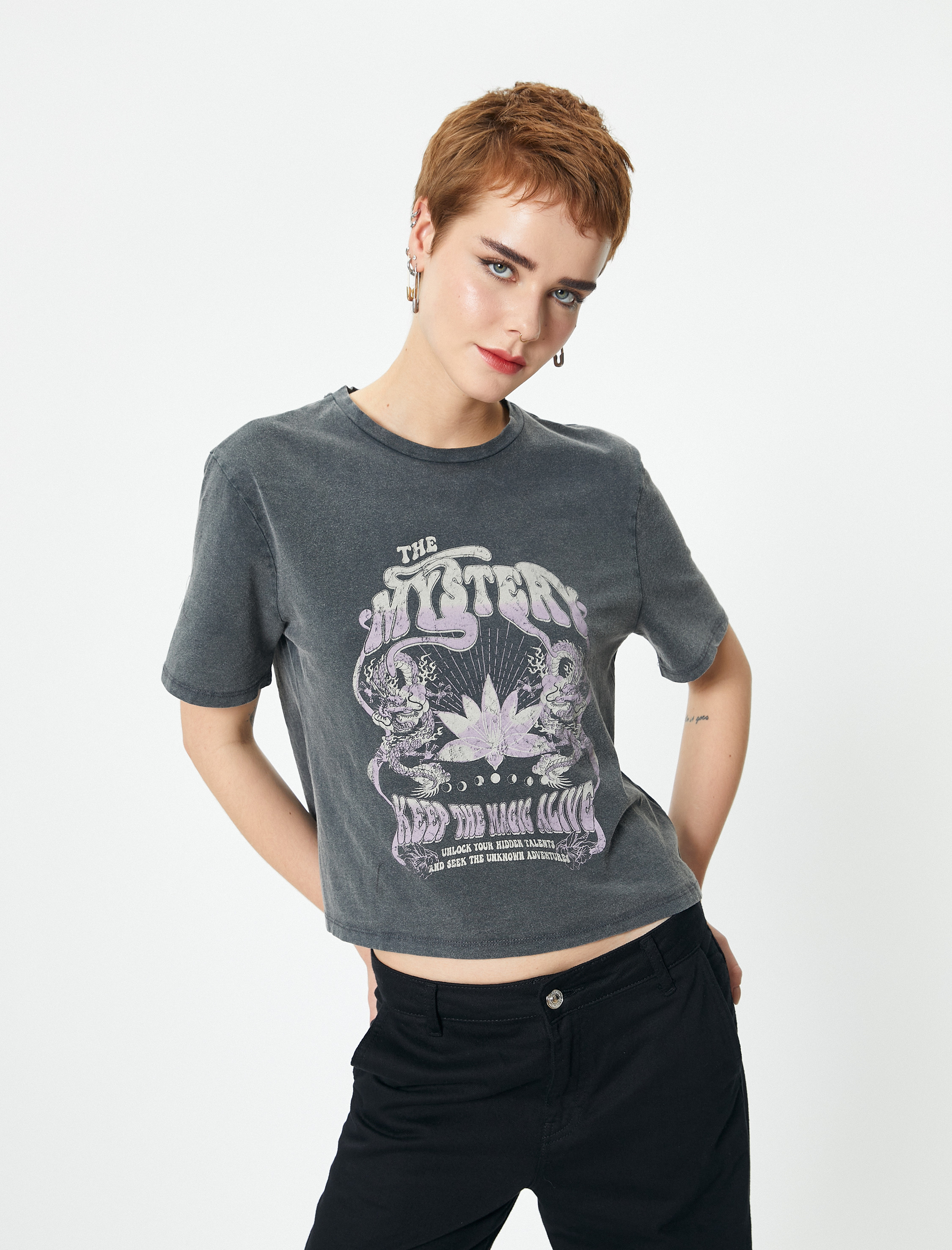   Kısa Kollu Baskılı Tişört Bisiklet Yaka Pamuklu Rahat Kalıp