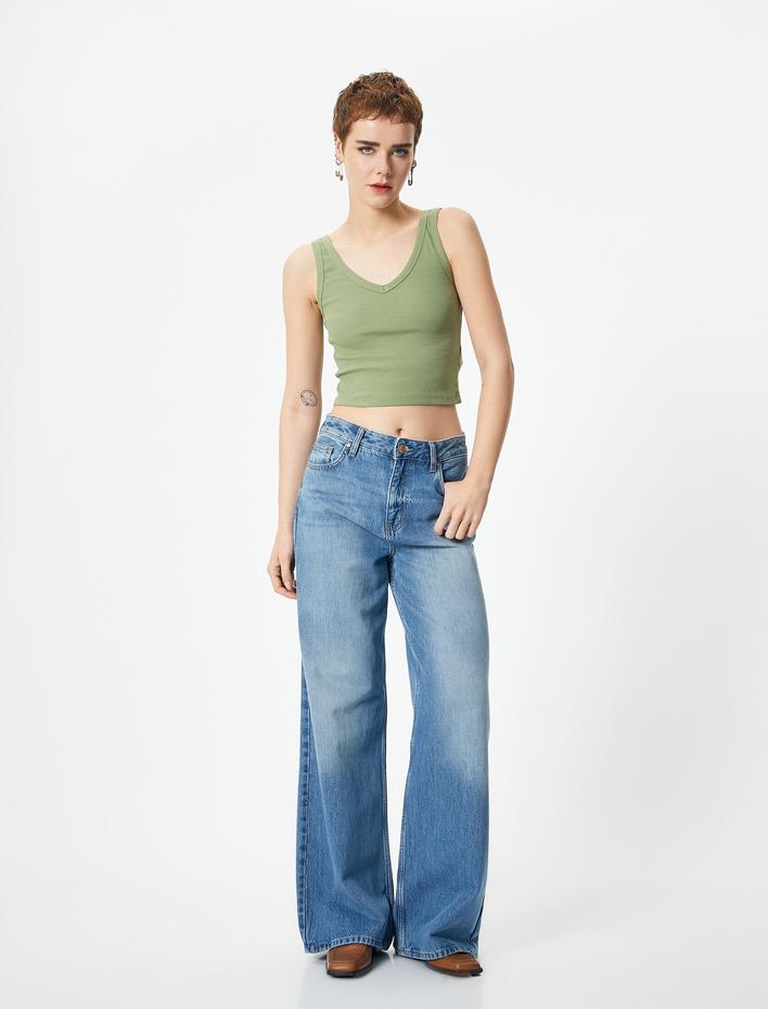  Crop V Yaka Atlet Pamuklu Ribanalı Slim Fit