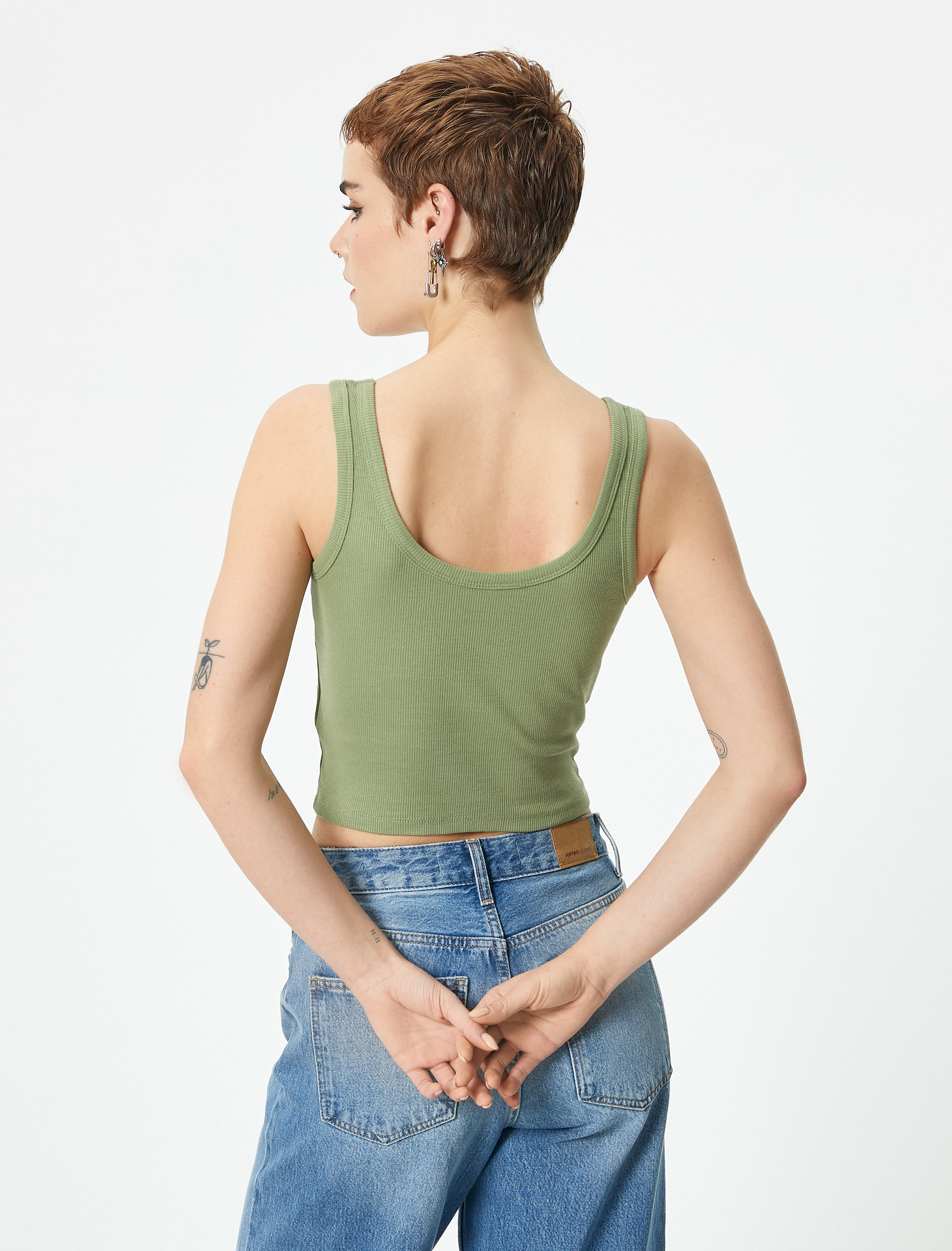   Crop V Yaka Atlet Pamuklu Ribanalı Slim Fit