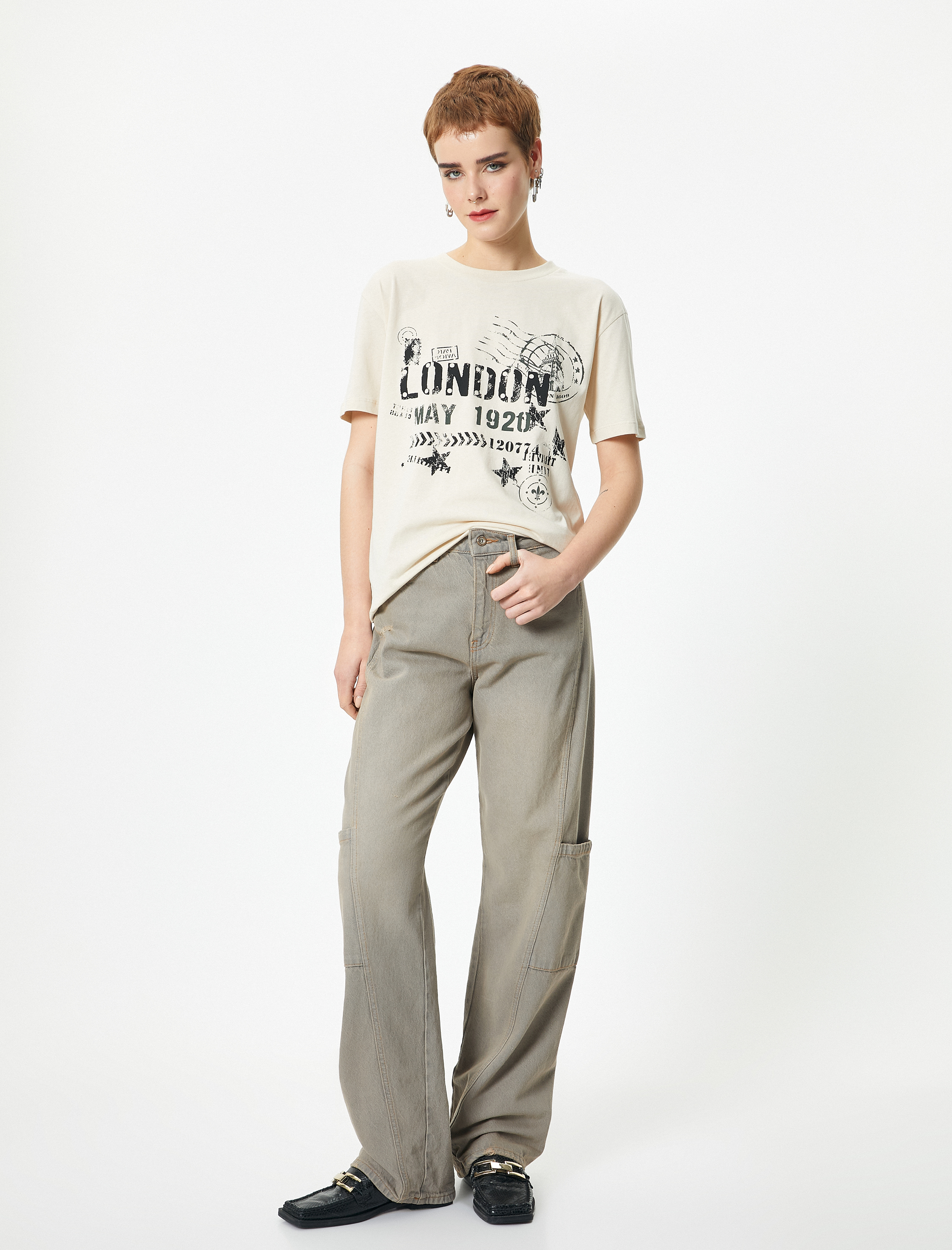   Kısa Kollu Baskılı Tişört Bisiklet Yaka Pamuklu Rahat Kalıp