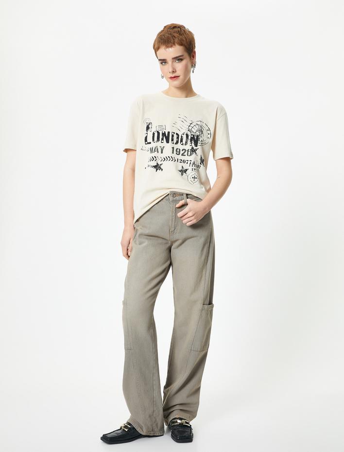  Kısa Kollu Baskılı Tişört Bisiklet Yaka Pamuklu Rahat Kalıp