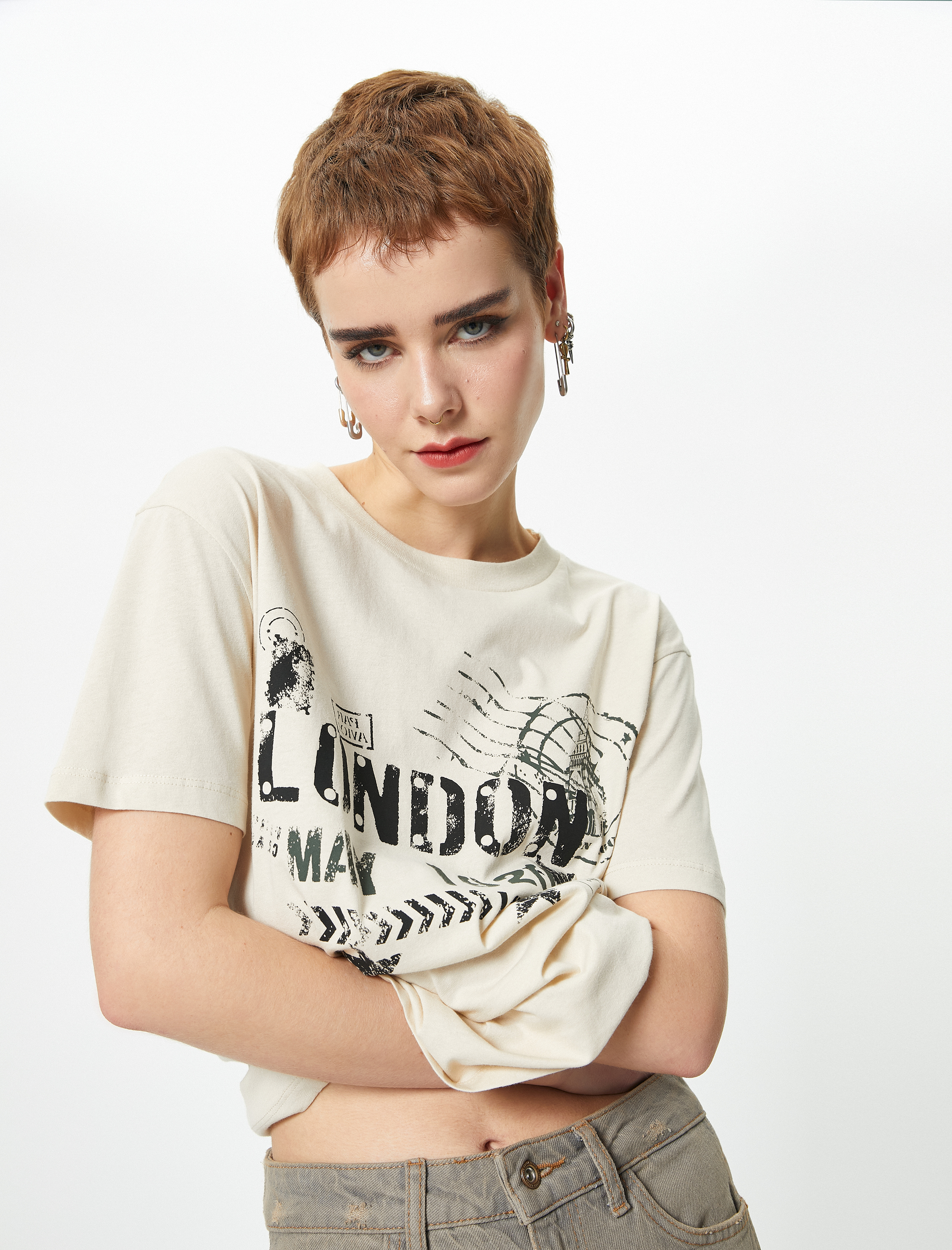   Kısa Kollu Baskılı Tişört Bisiklet Yaka Pamuklu Rahat Kalıp