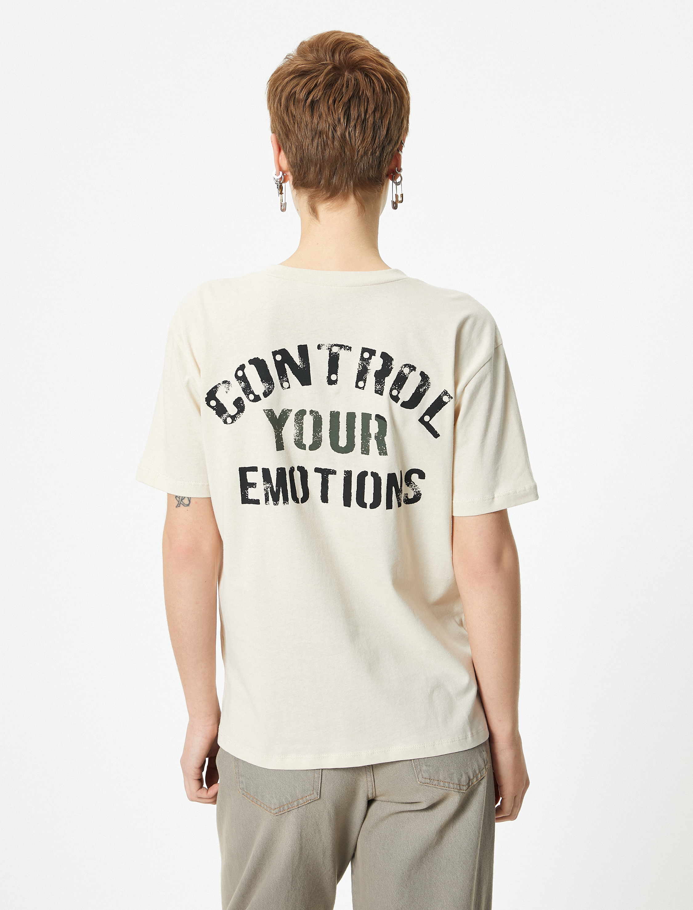   Kısa Kollu Baskılı Tişört Bisiklet Yaka Pamuklu Rahat Kalıp