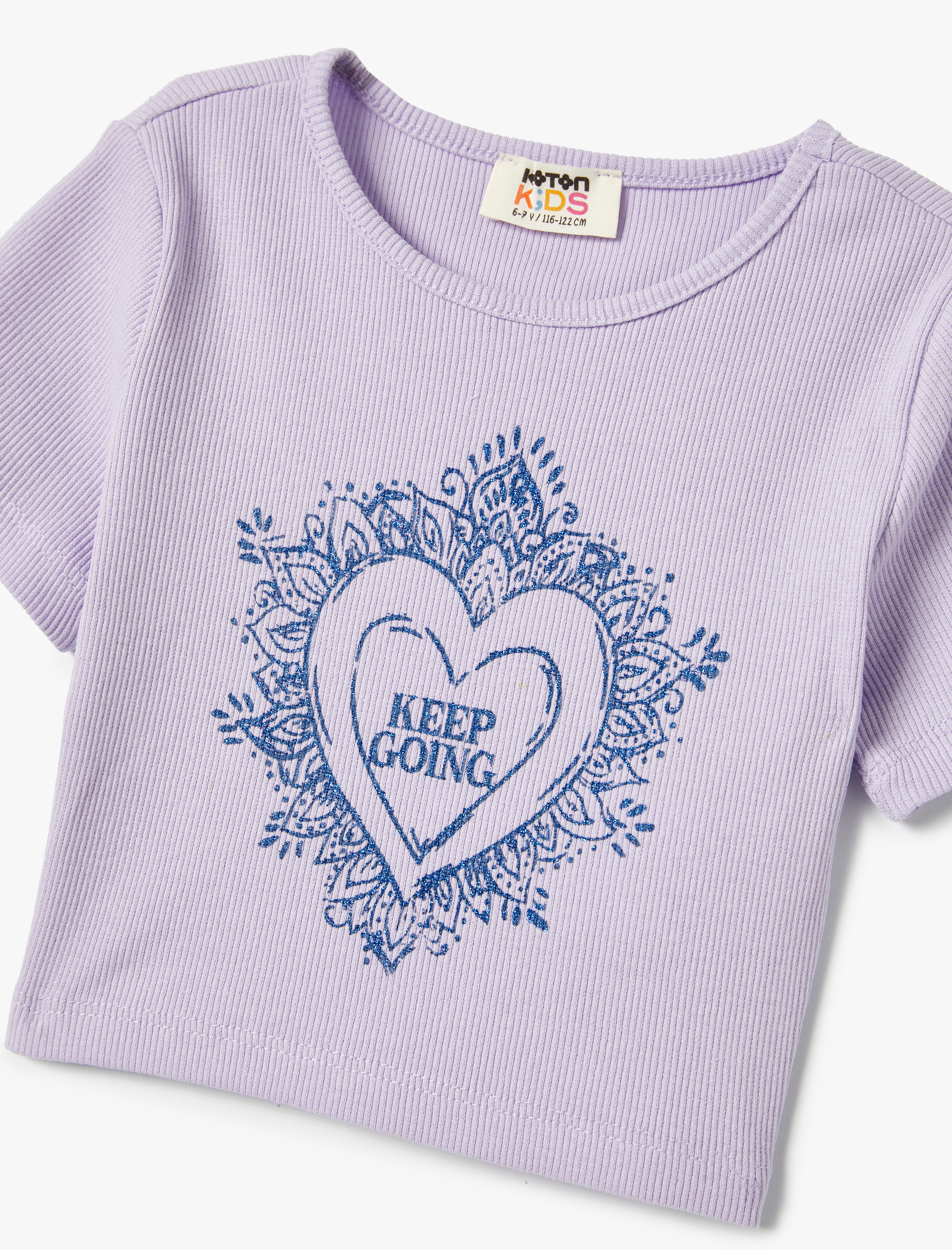  Kız Çocuk Slogan İşlemeli Crop Tişört Dar Kalıp Bisiklet Yaka Kısa Kollu