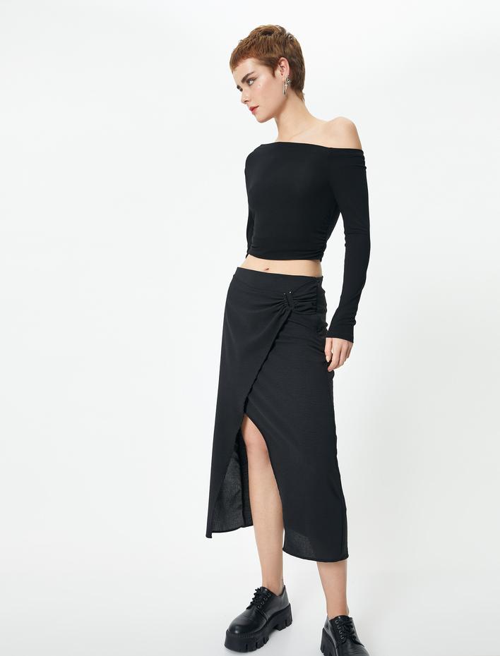  Uzun Kruvaze Etek Drape Detaylı Yırtmaçlı
