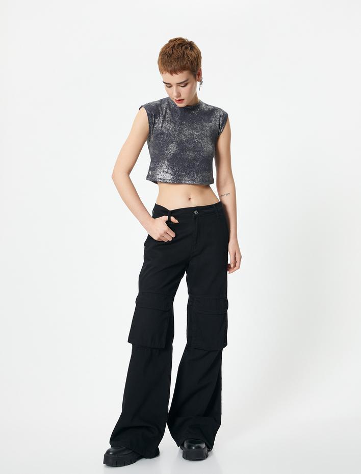  Kolsuz Crop Tişört Degrade Metalik Varak Baskılı Slim Fit Pamuklu