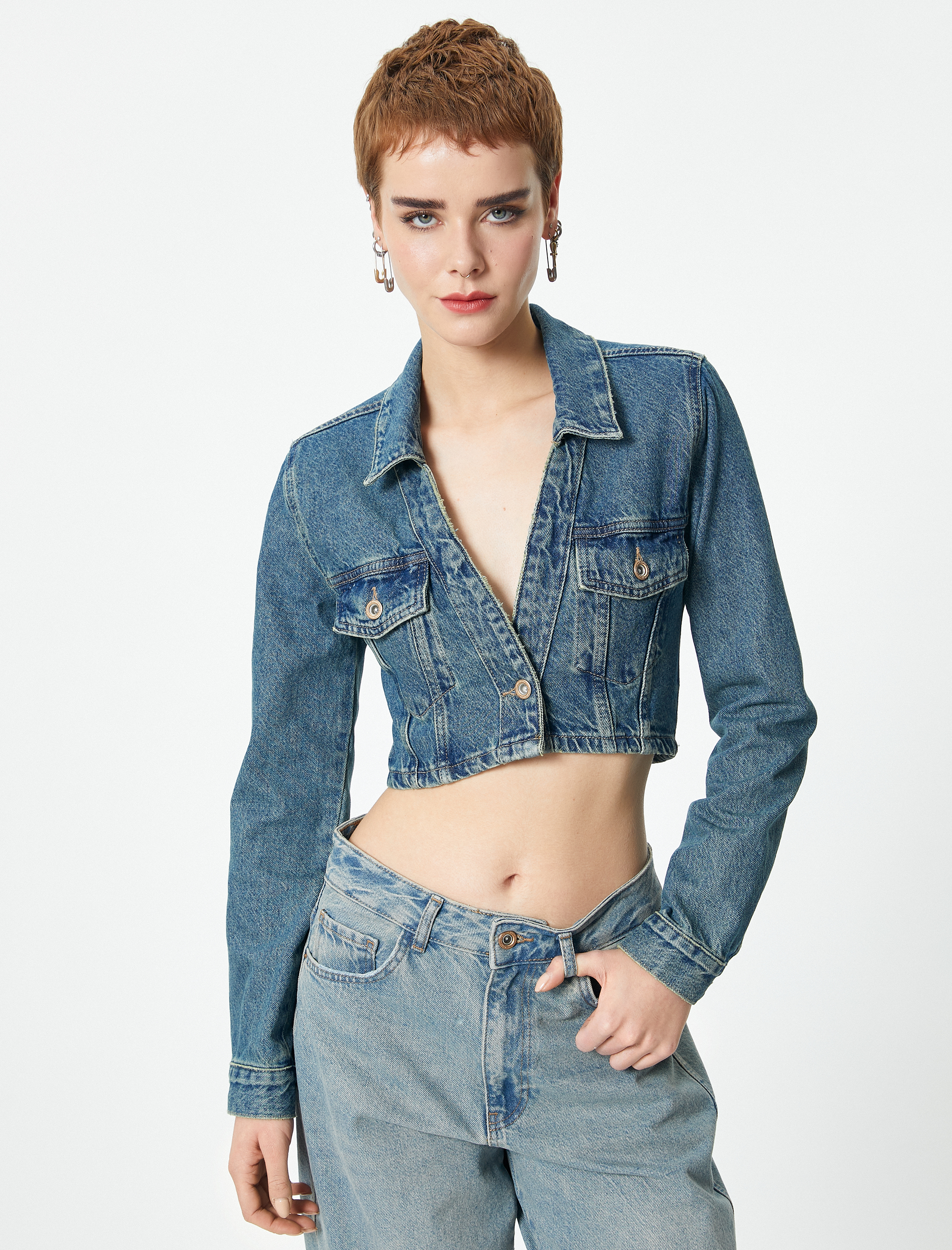   Kısa Kot Ceket Kapaklı Cep Detaylı Gömlek Yaka Pamuklu