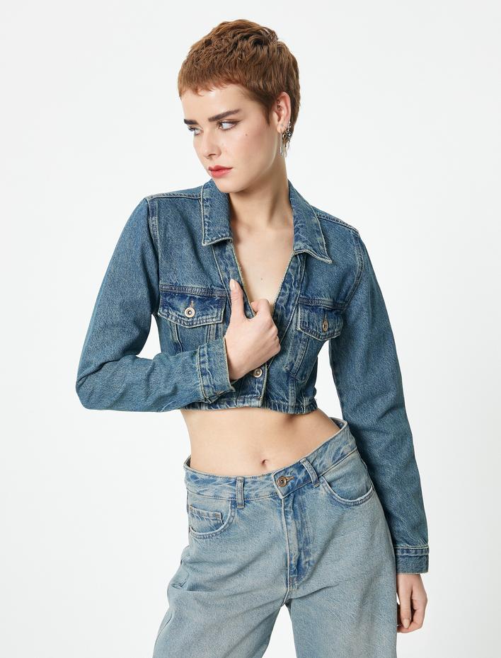  Kısa Kot Ceket Kapaklı Cep Detaylı Gömlek Yaka Pamuklu