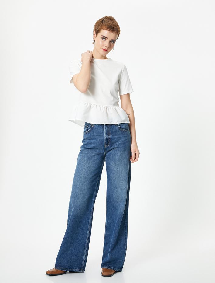  Kısa Kollu Fırfırlı Tişört Bisiklet Yaka Pamuklu