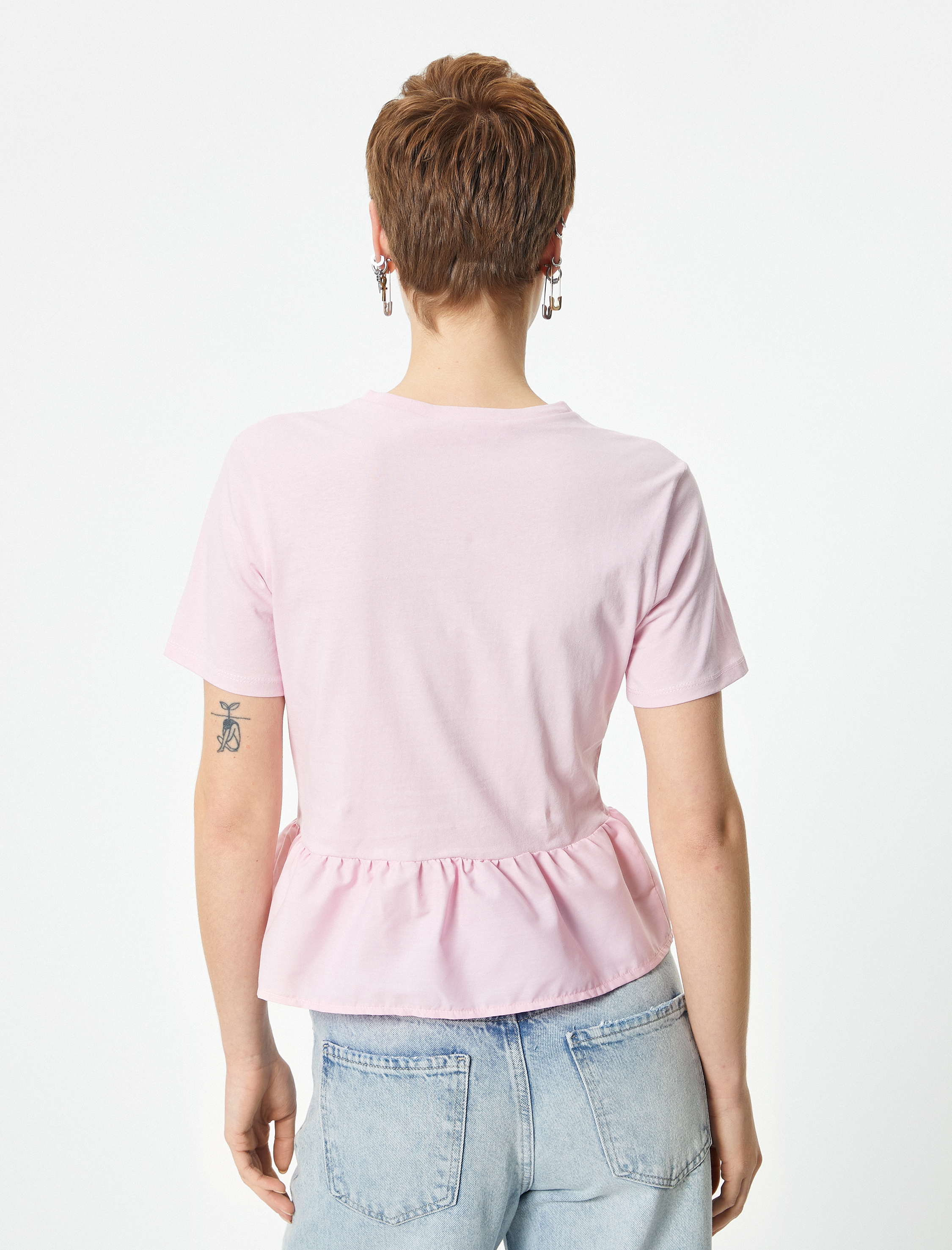   Kısa Kollu Fırfırlı Tişört Bisiklet Yaka Pamuklu