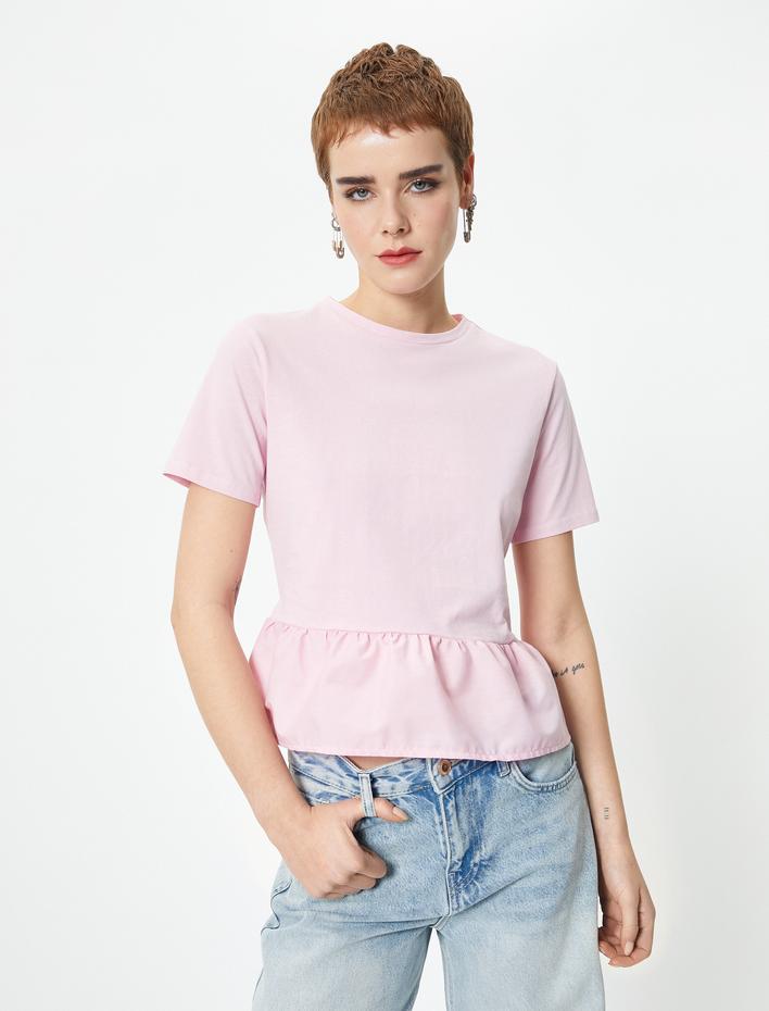  Kısa Kollu Fırfırlı Tişört Bisiklet Yaka Pamuklu