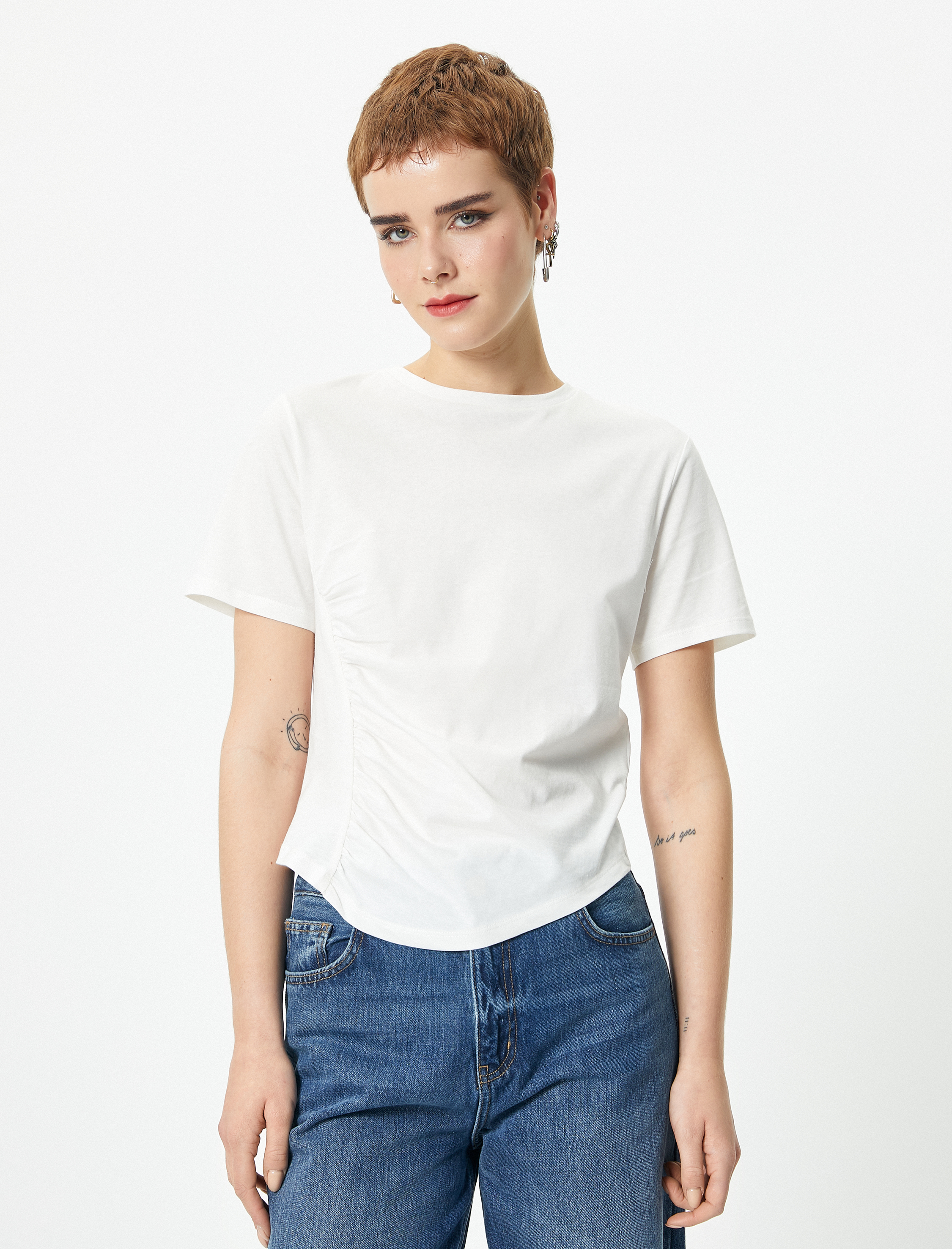   Kısa Kollu Drape Detaylı Tişört Bisiklet Yaka Pamuklu