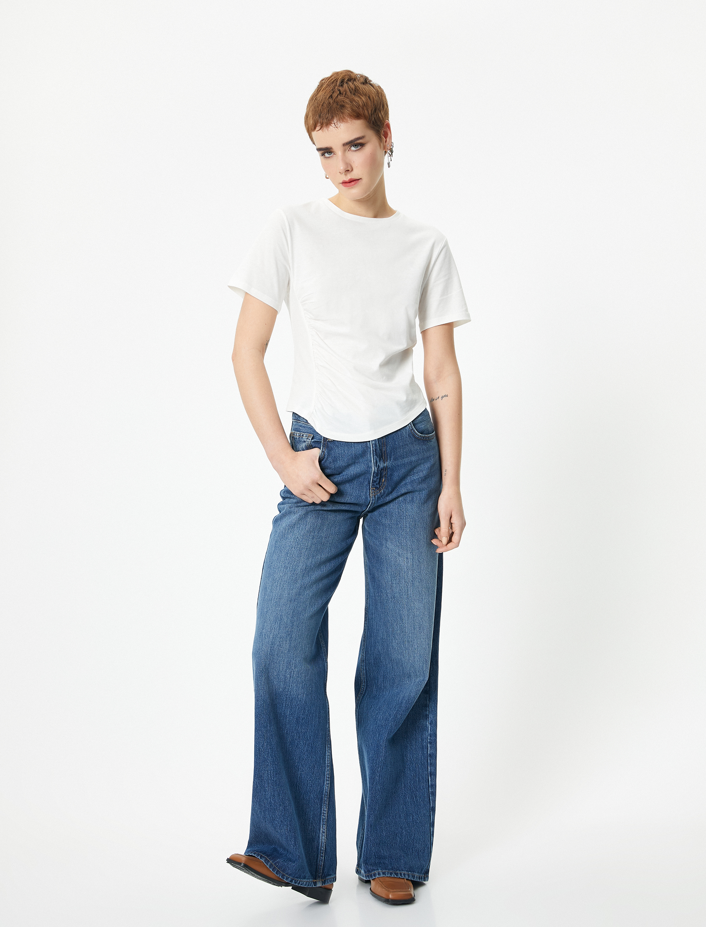   Kısa Kollu Drape Detaylı Tişört Bisiklet Yaka Pamuklu