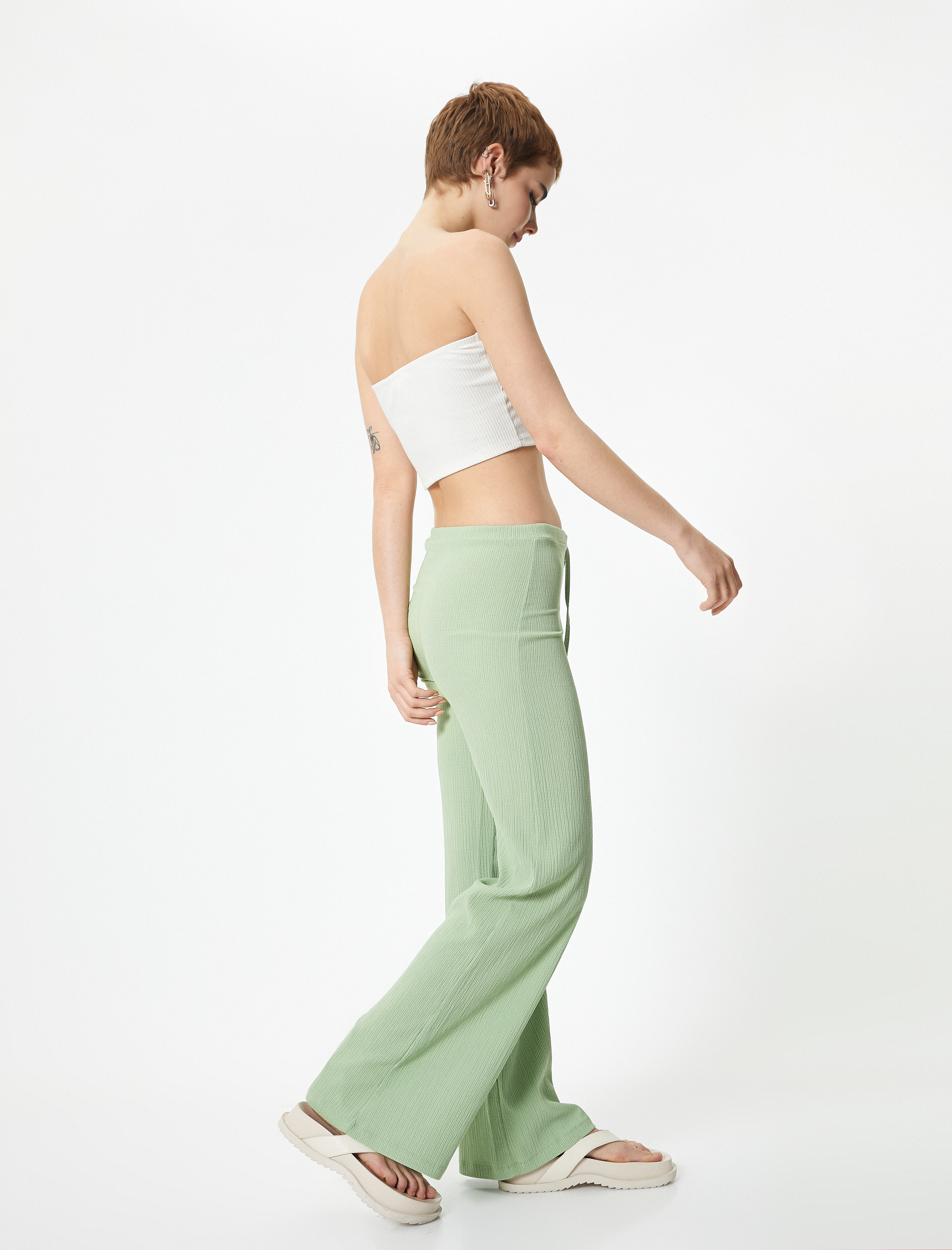   Bol Paça Pantolon Beli Bağlamalı Fitilli Bürümcük