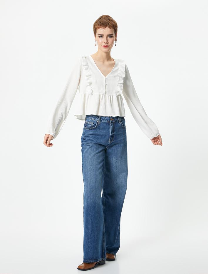  Fırfırlı Bluz Uzun Kollu Yuvarlak Yaka Dokulu