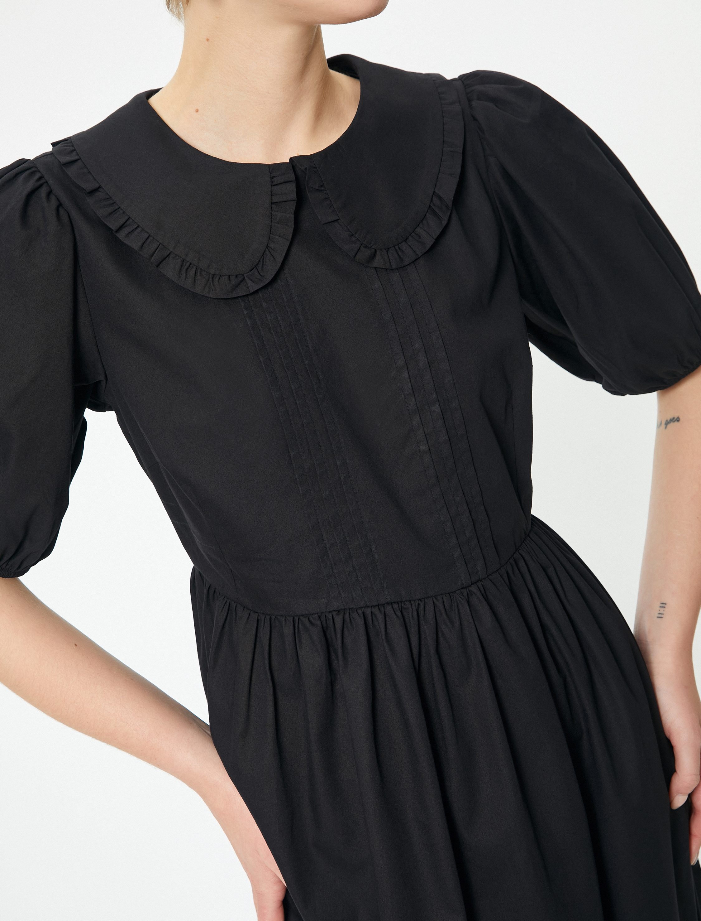   Balon Kol Elbise Midi Boy Bebe Yaka Pamuklu