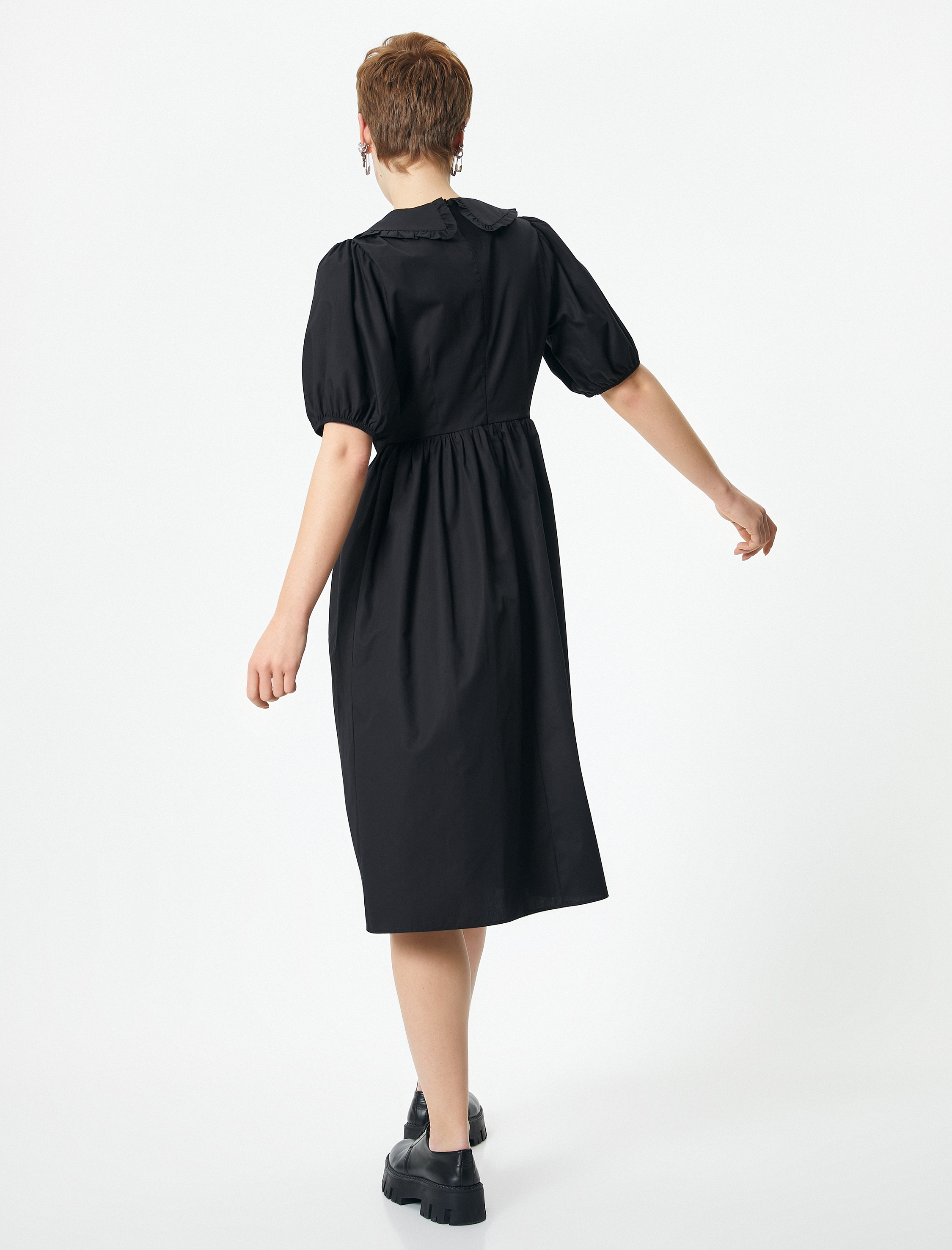   Balon Kol Elbise Midi Boy Bebe Yaka Pamuklu