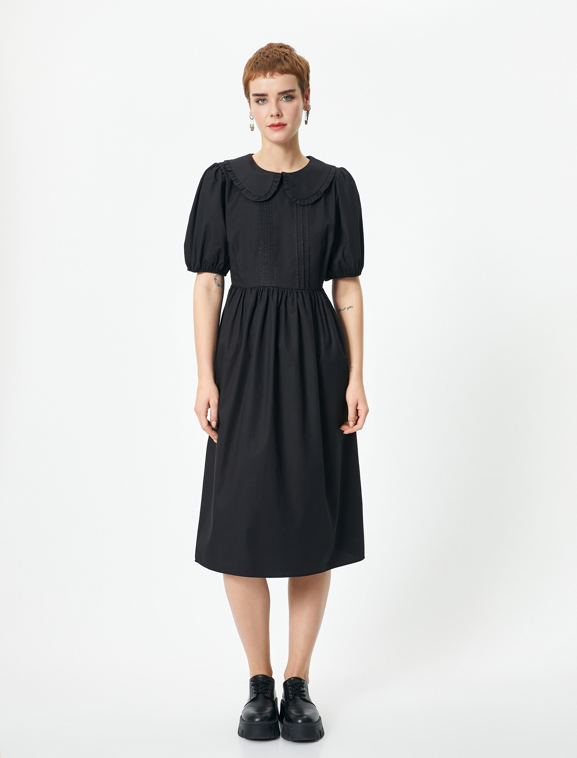   Balon Kol Elbise Midi Boy Bebe Yaka Pamuklu