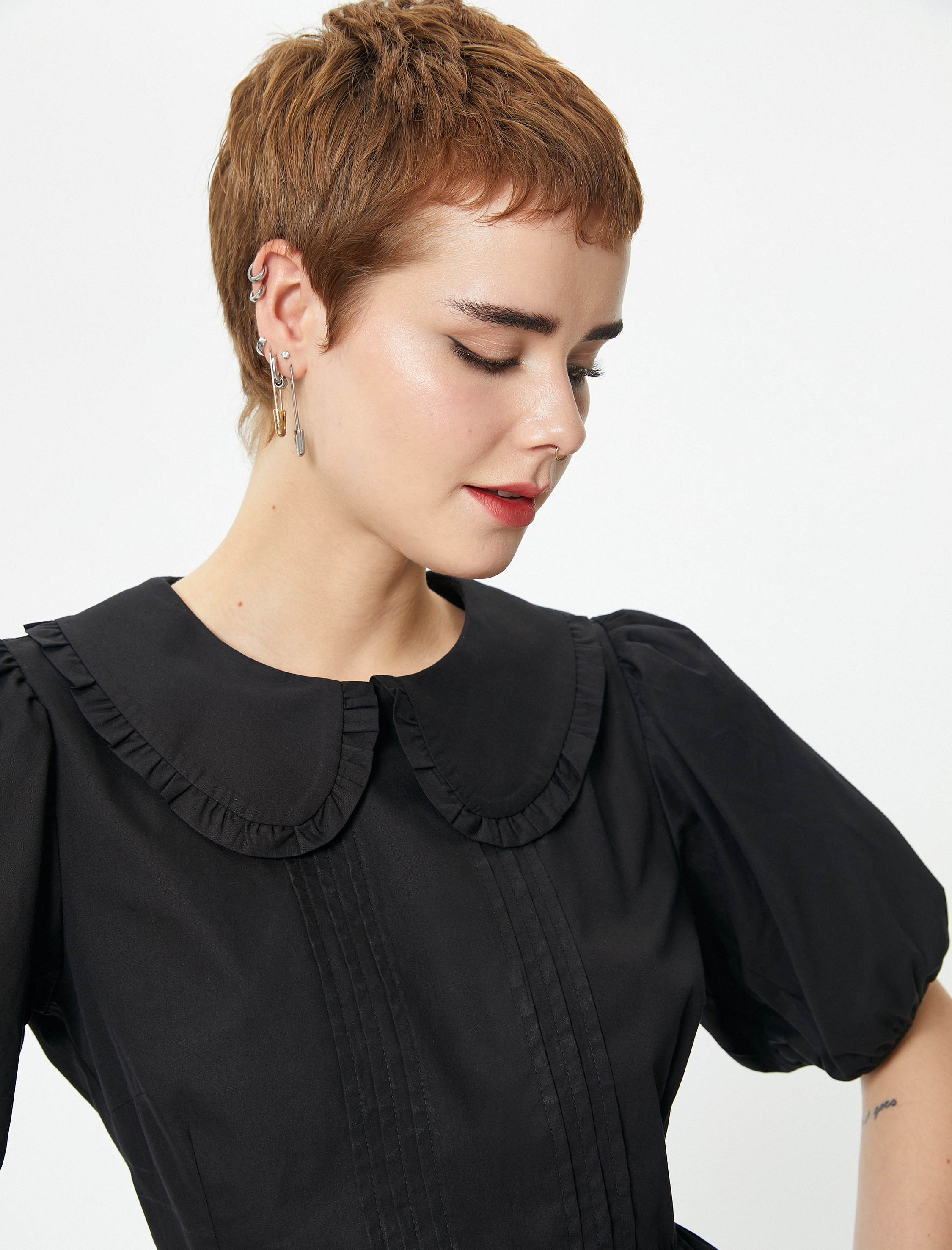   Balon Kol Elbise Midi Boy Bebe Yaka Pamuklu