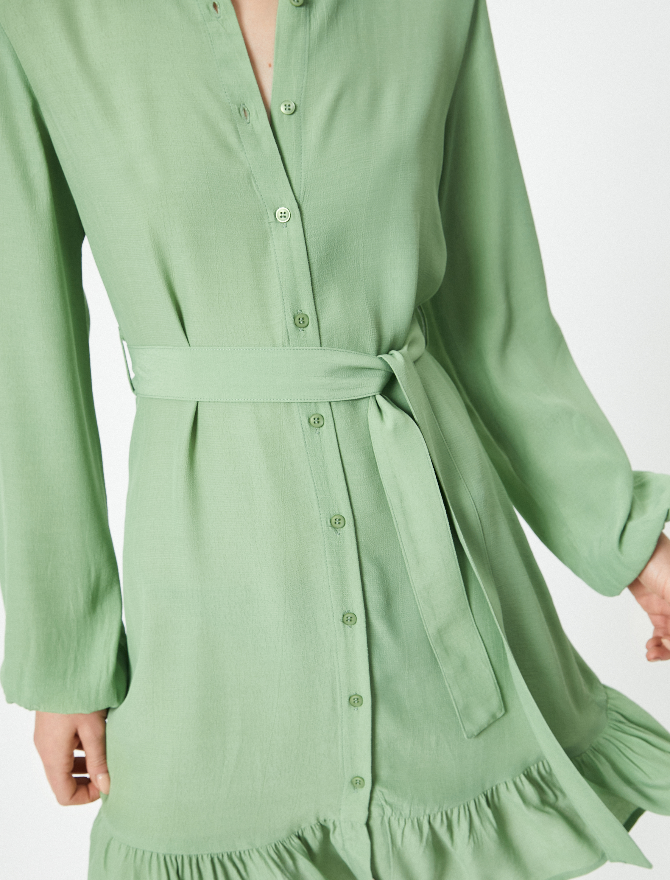   Gömlek Elbise Mini Boy Uzun Kollu Fırfır Detaylı Kuşak Detaylı