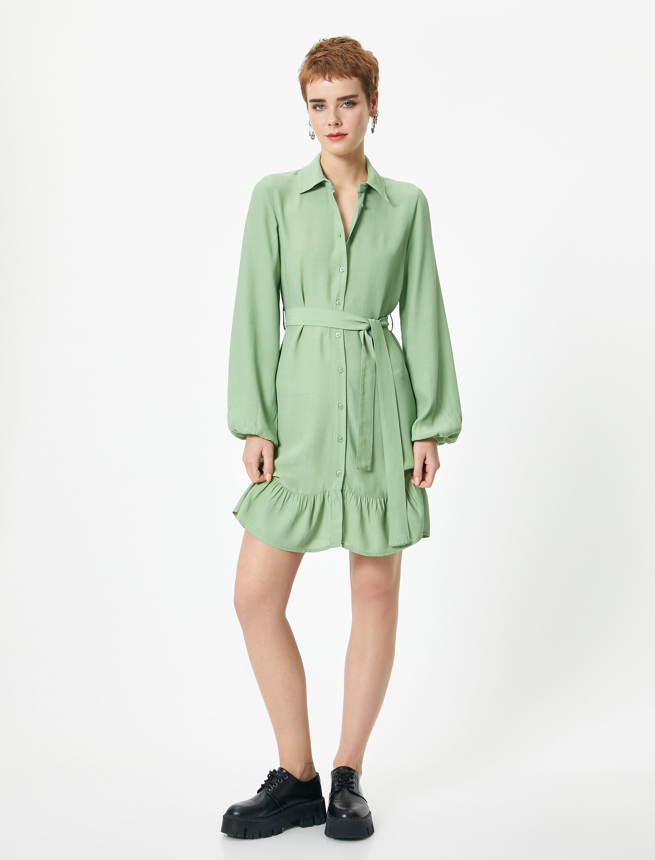   Gömlek Elbise Mini Boy Uzun Kollu Fırfır Detaylı Kuşak Detaylı