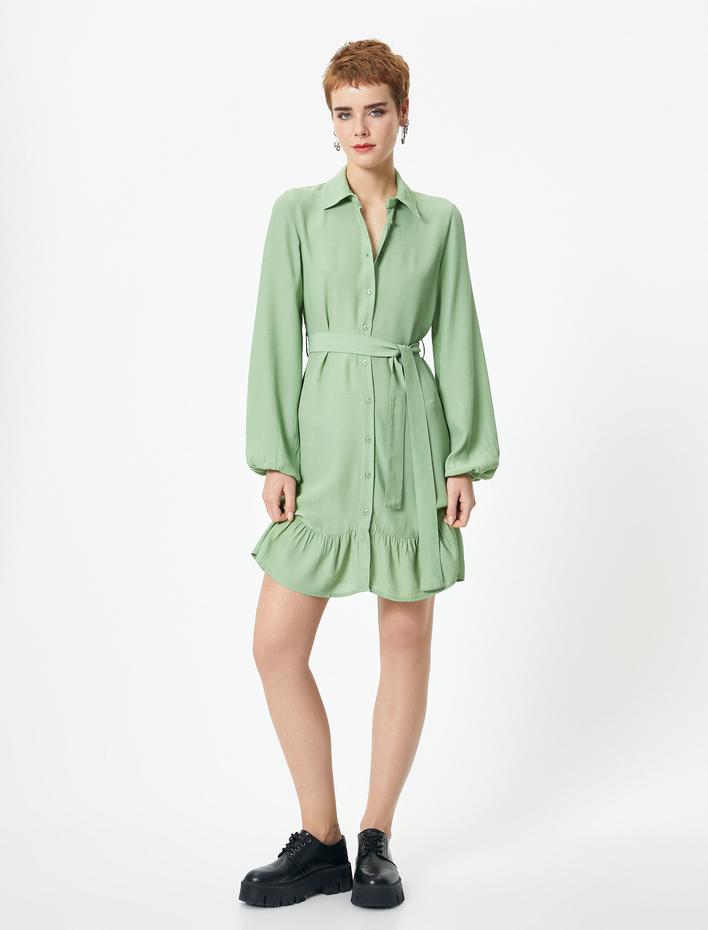  Gömlek Elbise Mini Boy Uzun Kollu Fırfır Detaylı Kuşak Detaylı