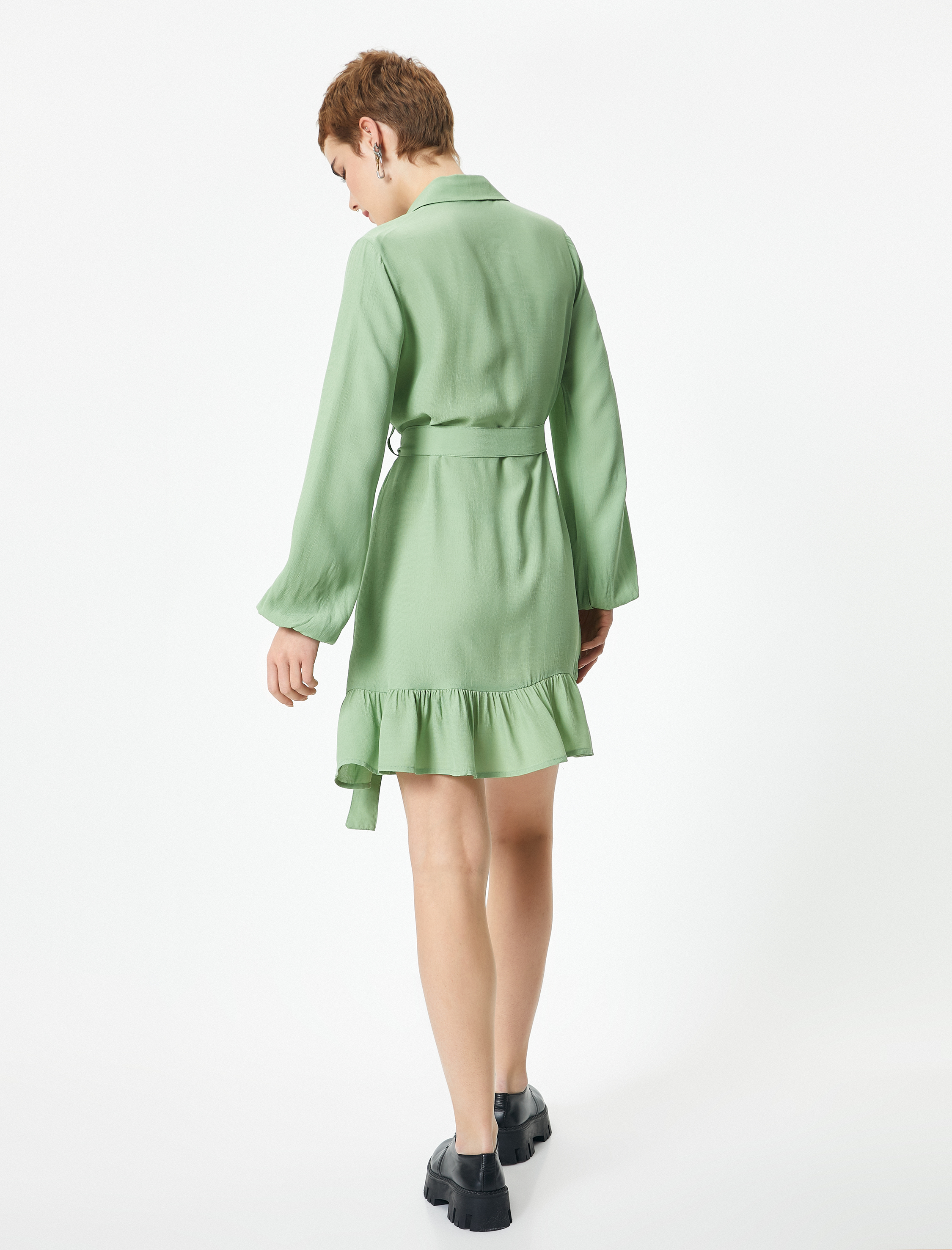   Gömlek Elbise Mini Boy Uzun Kollu Fırfır Detaylı Kuşak Detaylı