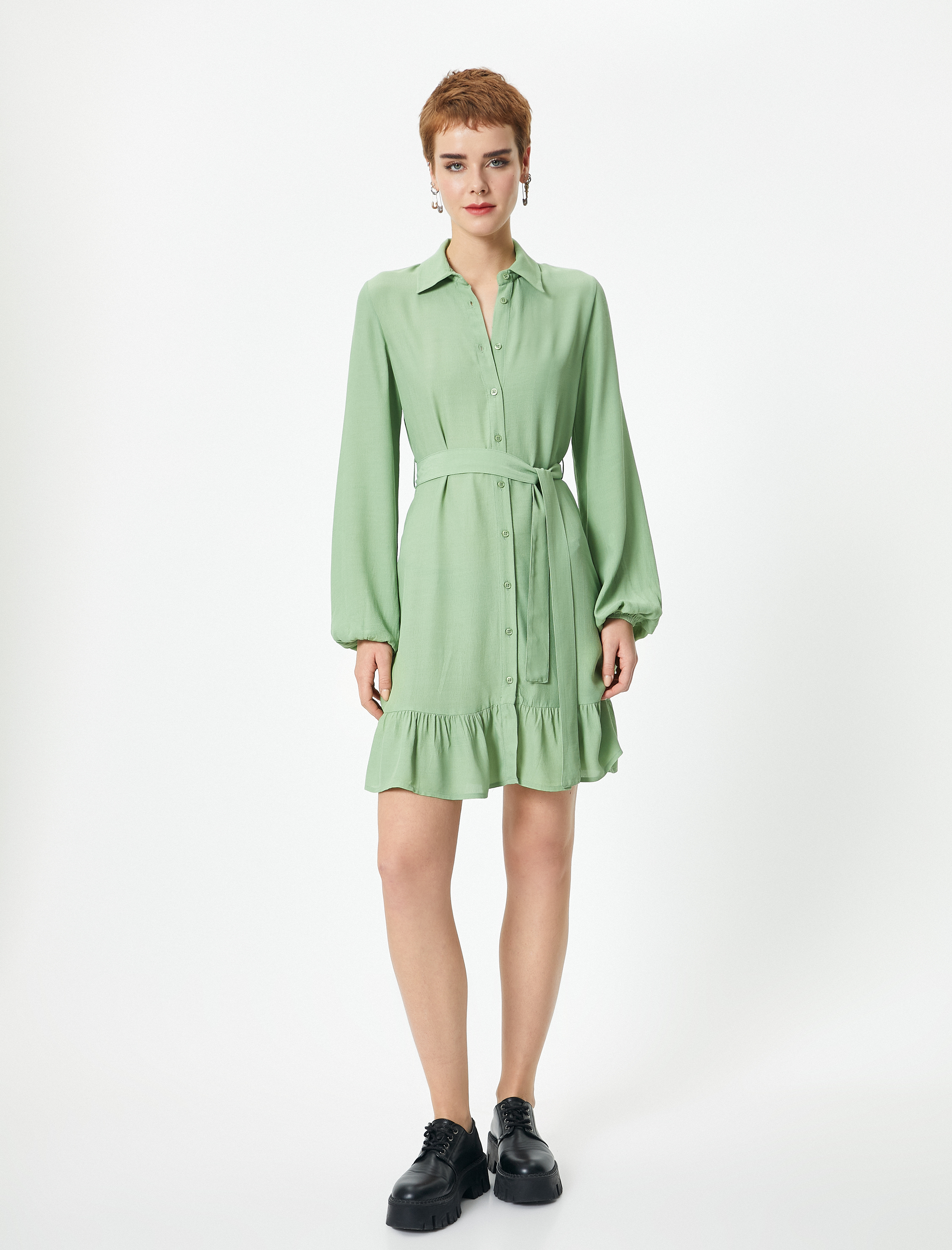   Gömlek Elbise Mini Boy Uzun Kollu Fırfır Detaylı Kuşak Detaylı