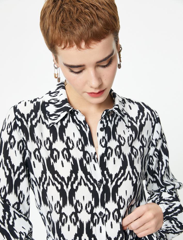  Gömlek Elbise Mini Boy Uzun Kollu Etnik Desenli Kuşak Detaylı