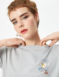 Kısa Kollu Baskı Detaylı Tişört Bisiklet Yaka Pamuklu