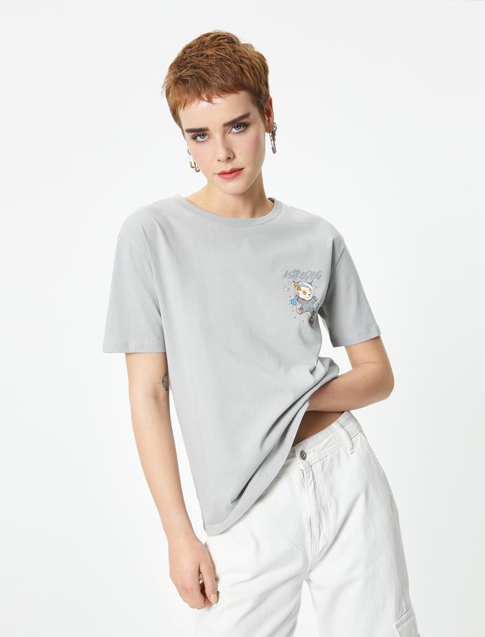  Kısa Kollu Baskı Detaylı Tişört Bisiklet Yaka Pamuklu