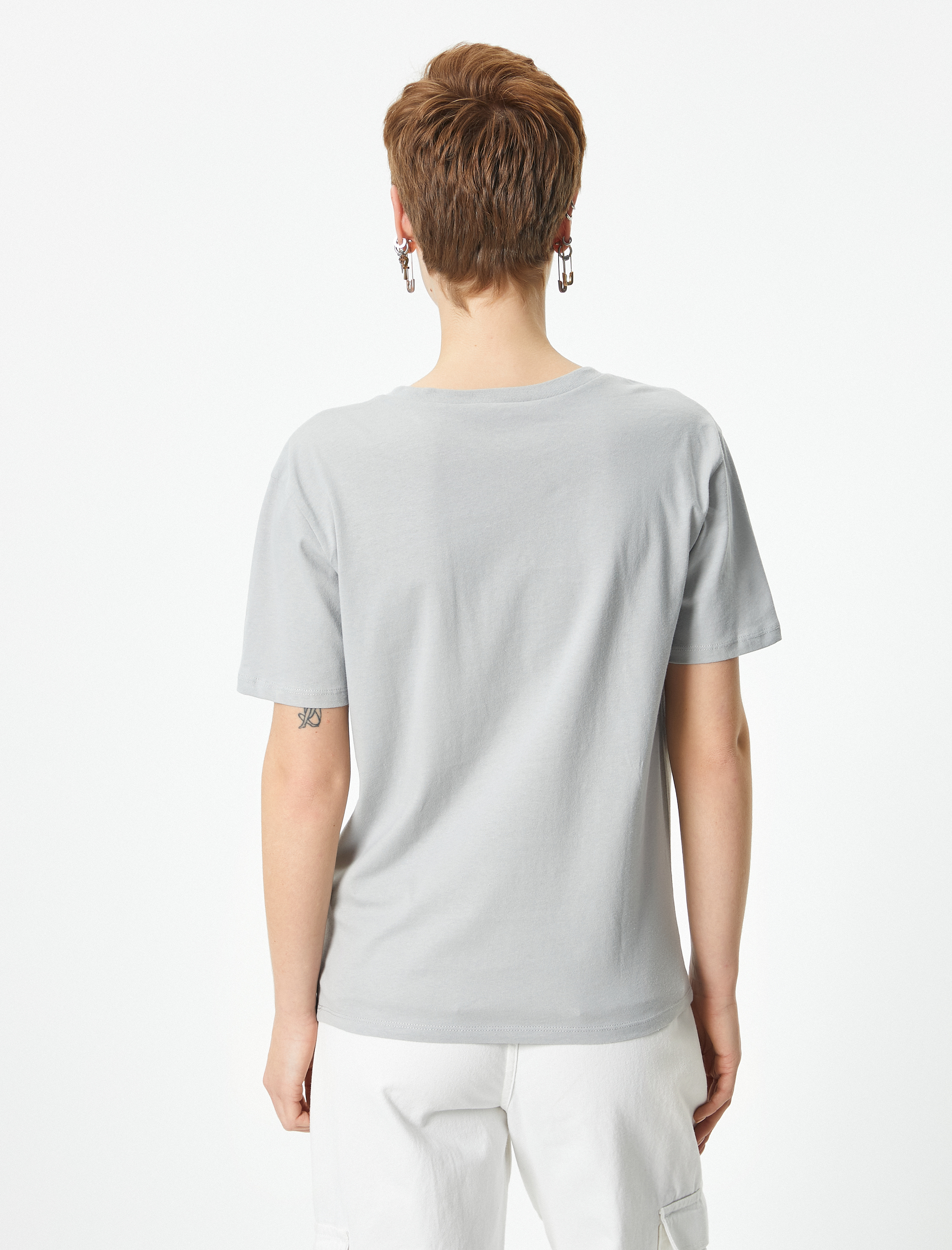   Kısa Kollu Baskı Detaylı Tişört Bisiklet Yaka Pamuklu