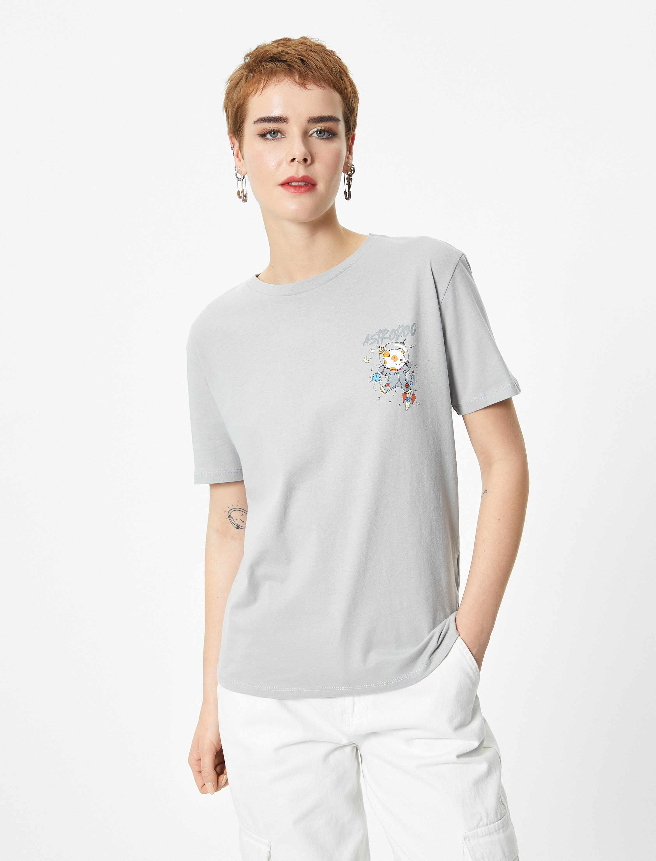   Kısa Kollu Baskı Detaylı Tişört Bisiklet Yaka Pamuklu