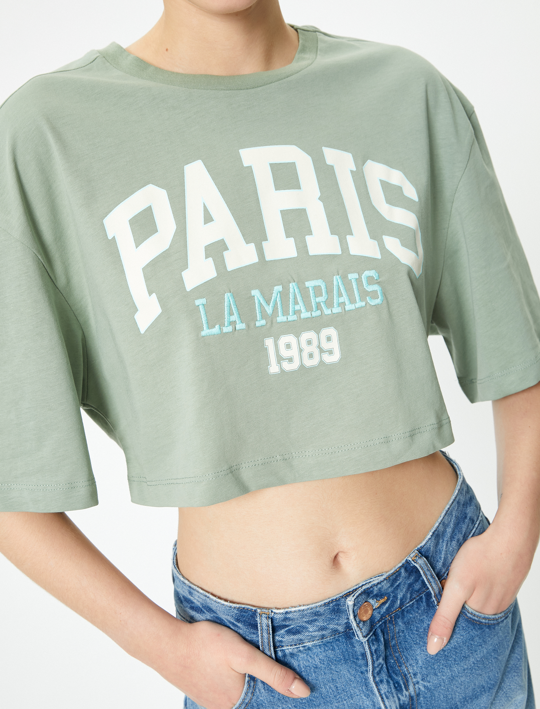   Rahat Kalıp Crop Tişört Kısa Kollu Bisiklet Yaka Pamuklu