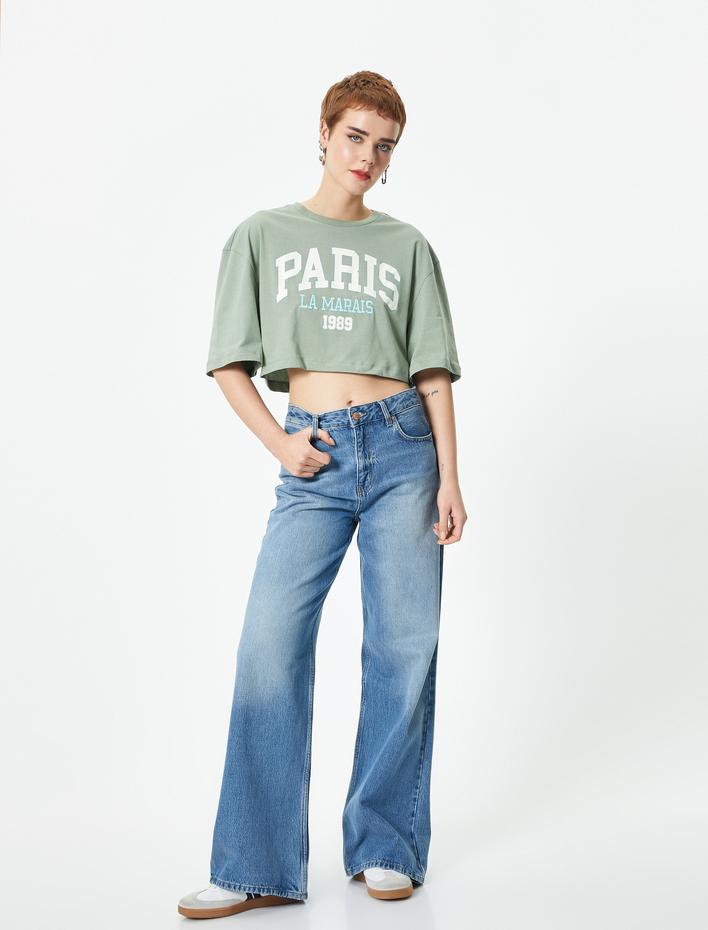  Rahat Kalıp Crop Tişört Kısa Kollu Bisiklet Yaka Pamuklu