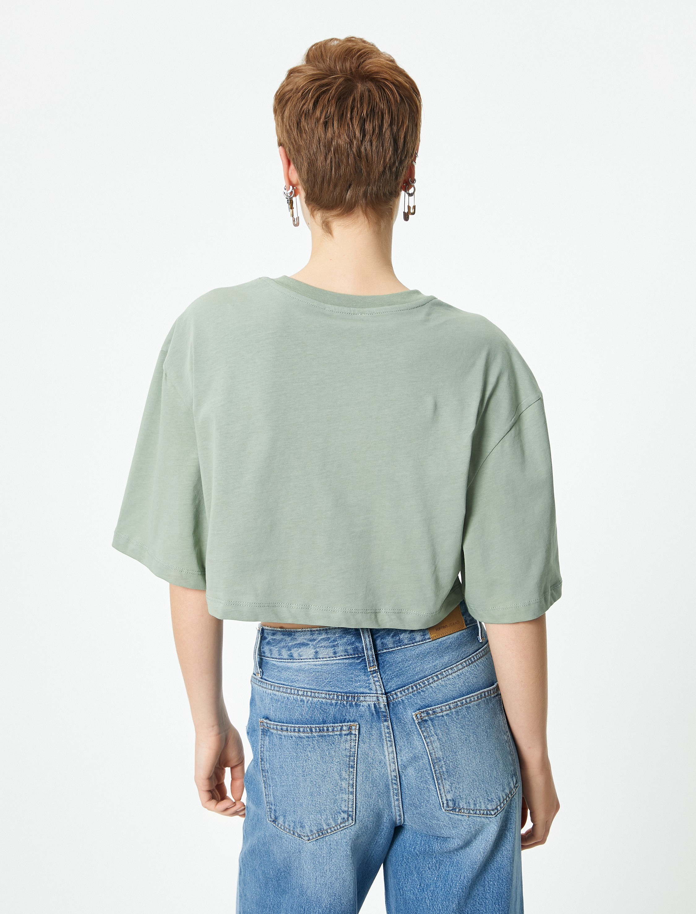   Rahat Kalıp Crop Tişört Kısa Kollu Bisiklet Yaka Pamuklu