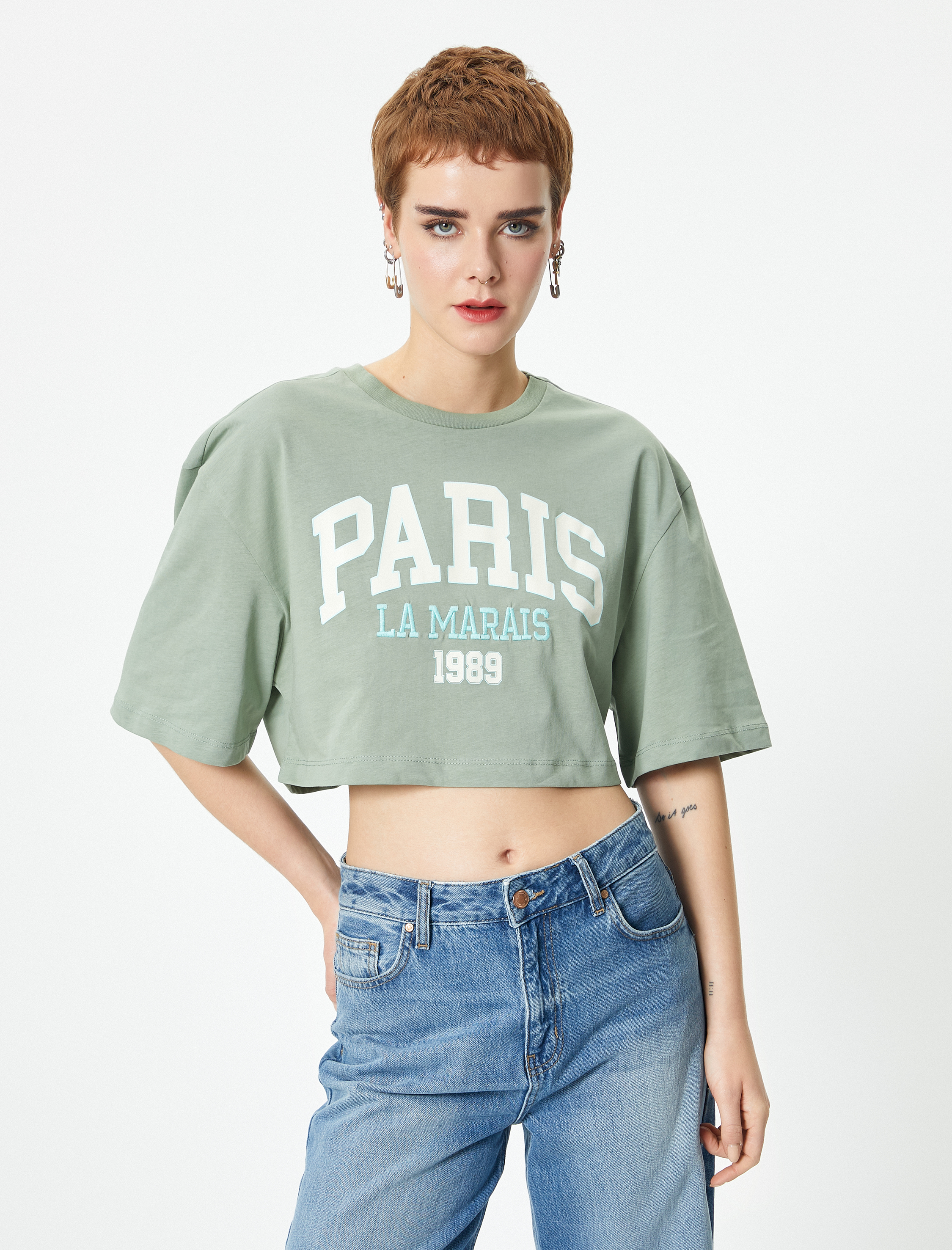   Rahat Kalıp Crop Tişört Kısa Kollu Bisiklet Yaka Pamuklu