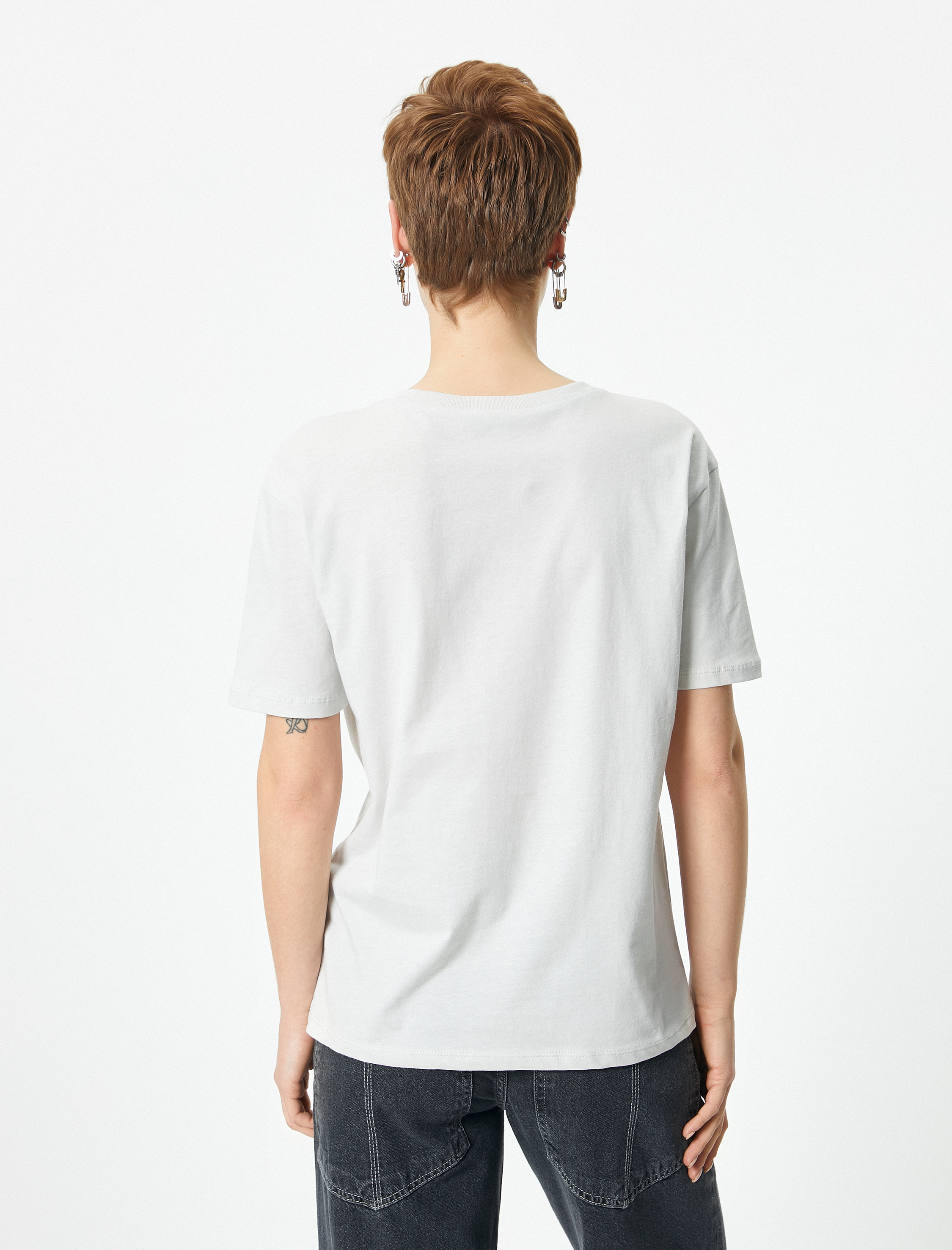   Baskılı Tişört Rahat Kalıp Kısa Kollu Bisiklet Yaka Pamuklu