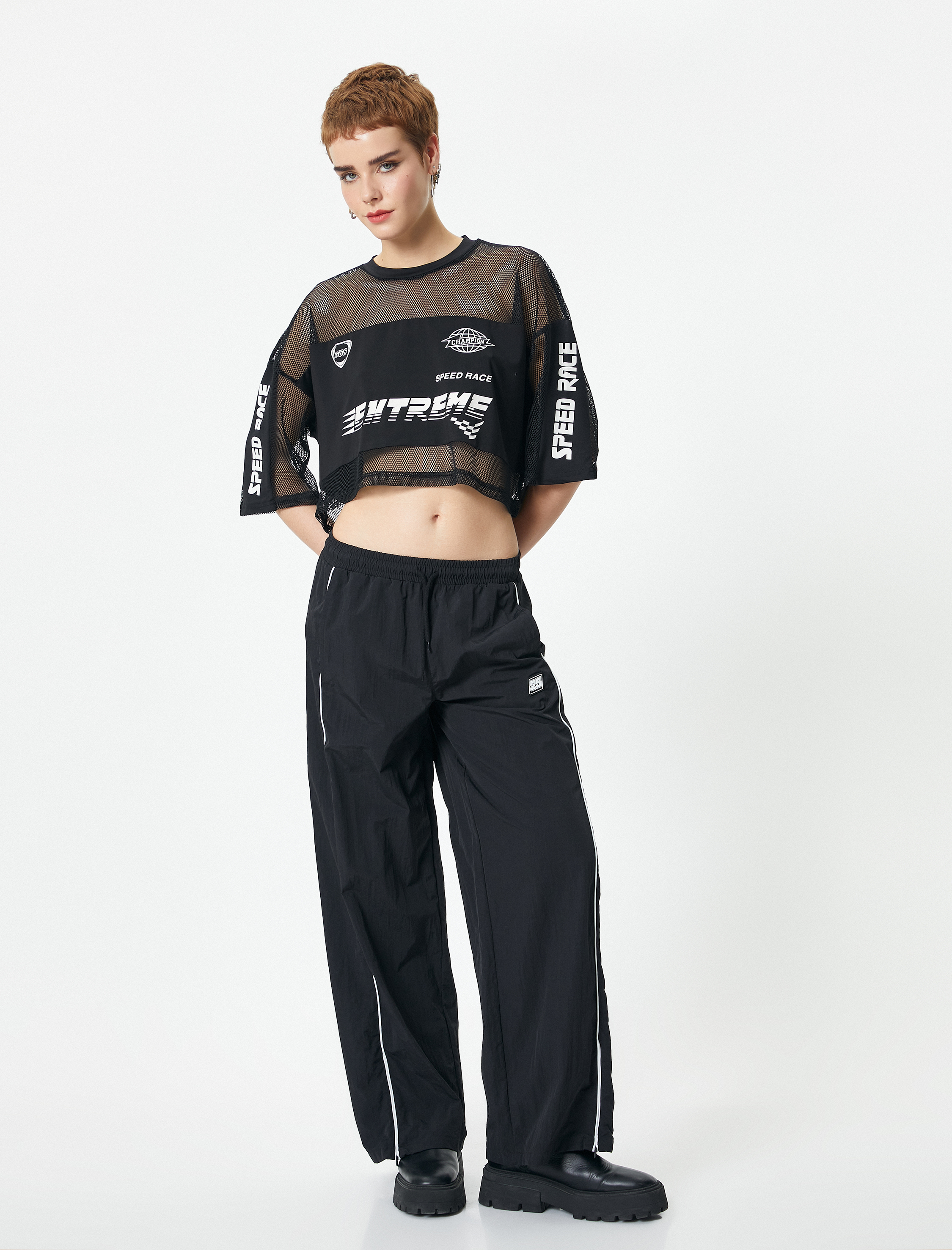   File Crop Tişört Kısa Kollu Bisiklet Yaka Baskılı