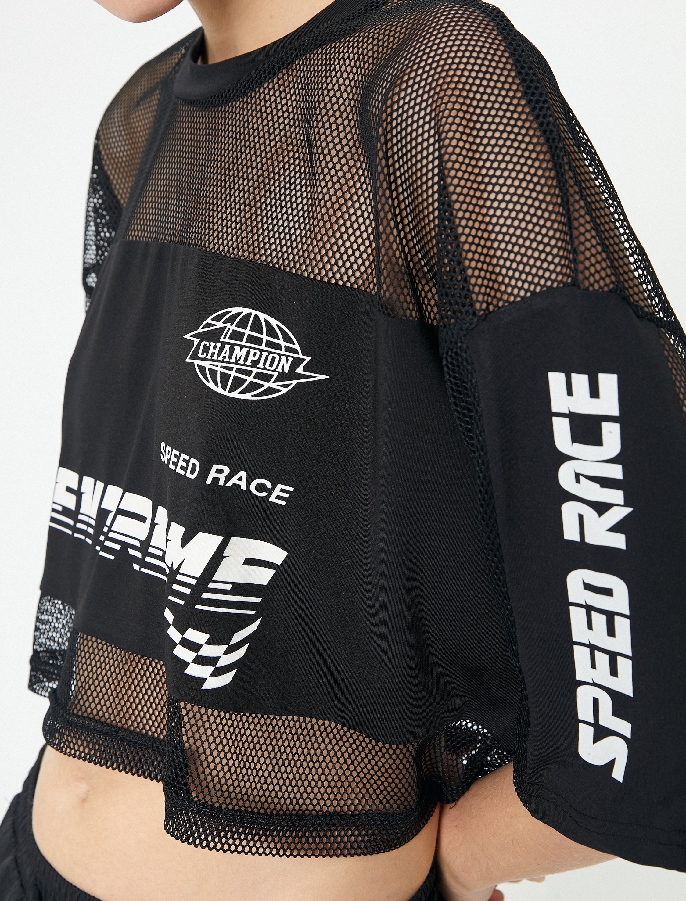   File Crop Tişört Kısa Kollu Bisiklet Yaka Baskılı