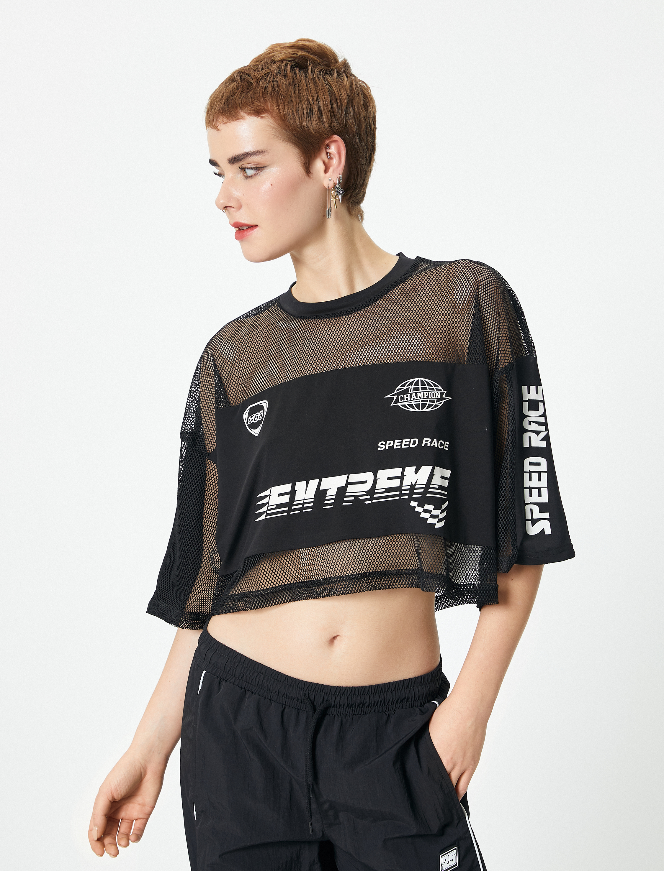   File Crop Tişört Kısa Kollu Bisiklet Yaka Baskılı